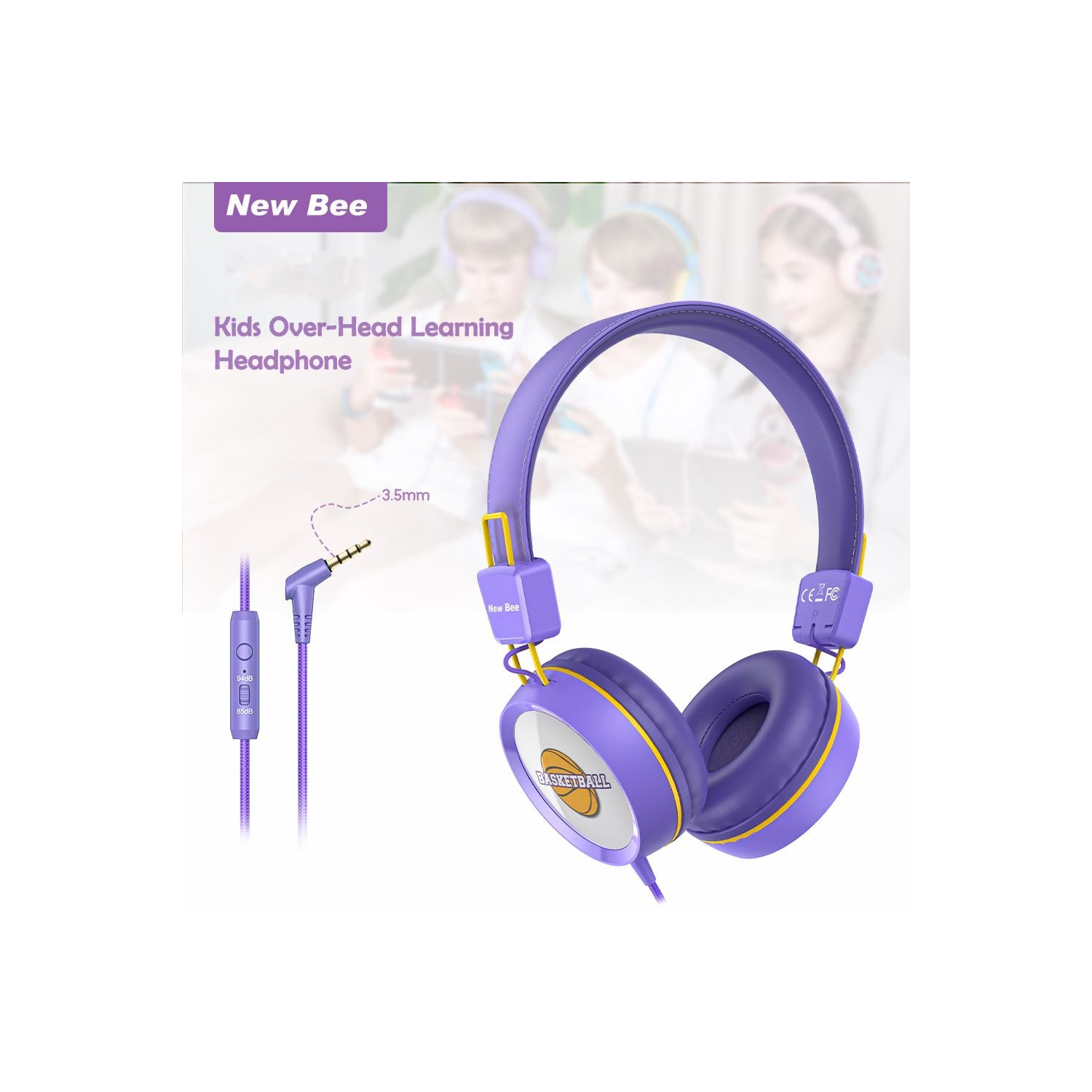 New Bee Kids Headphones with Microphone in Purple - Safe, Comfortable, and Foldable