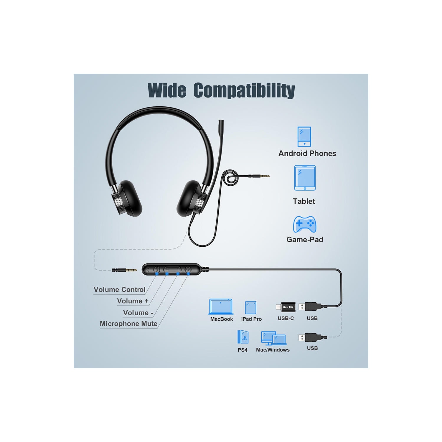 New Bee- Wired USB Headset - Ideal for Call Center, Office, and Multimedia Use