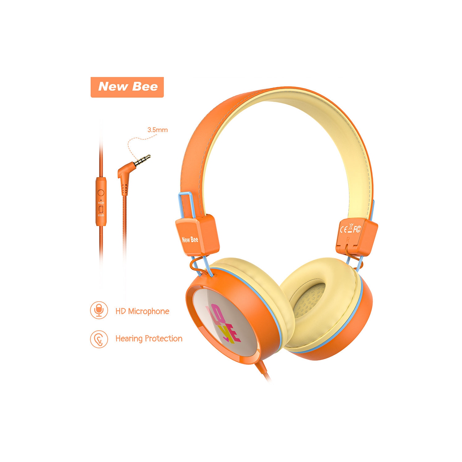 New Bee Kids Headphones with Microphone - Safe Volume Control, Foldable, in Vibrant Orange
