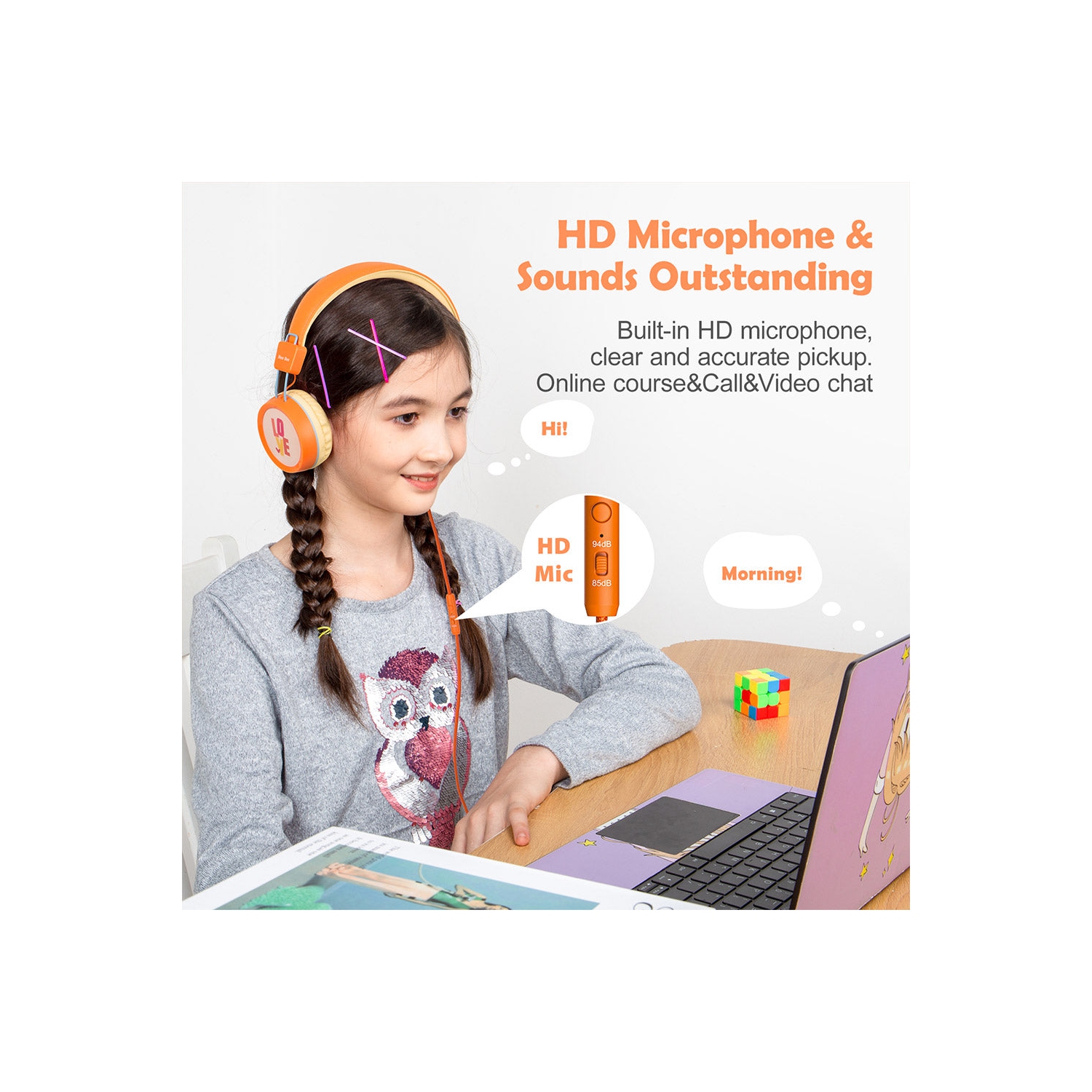 New Bee Kids Headphones with Microphone - Safe Volume Control, Foldable, in Vibrant Orange