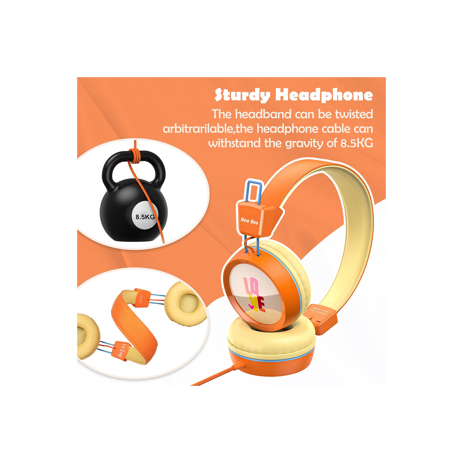 New Bee Kids Headphones with Microphone - Safe Volume Control, Foldable, in Vibrant Orange