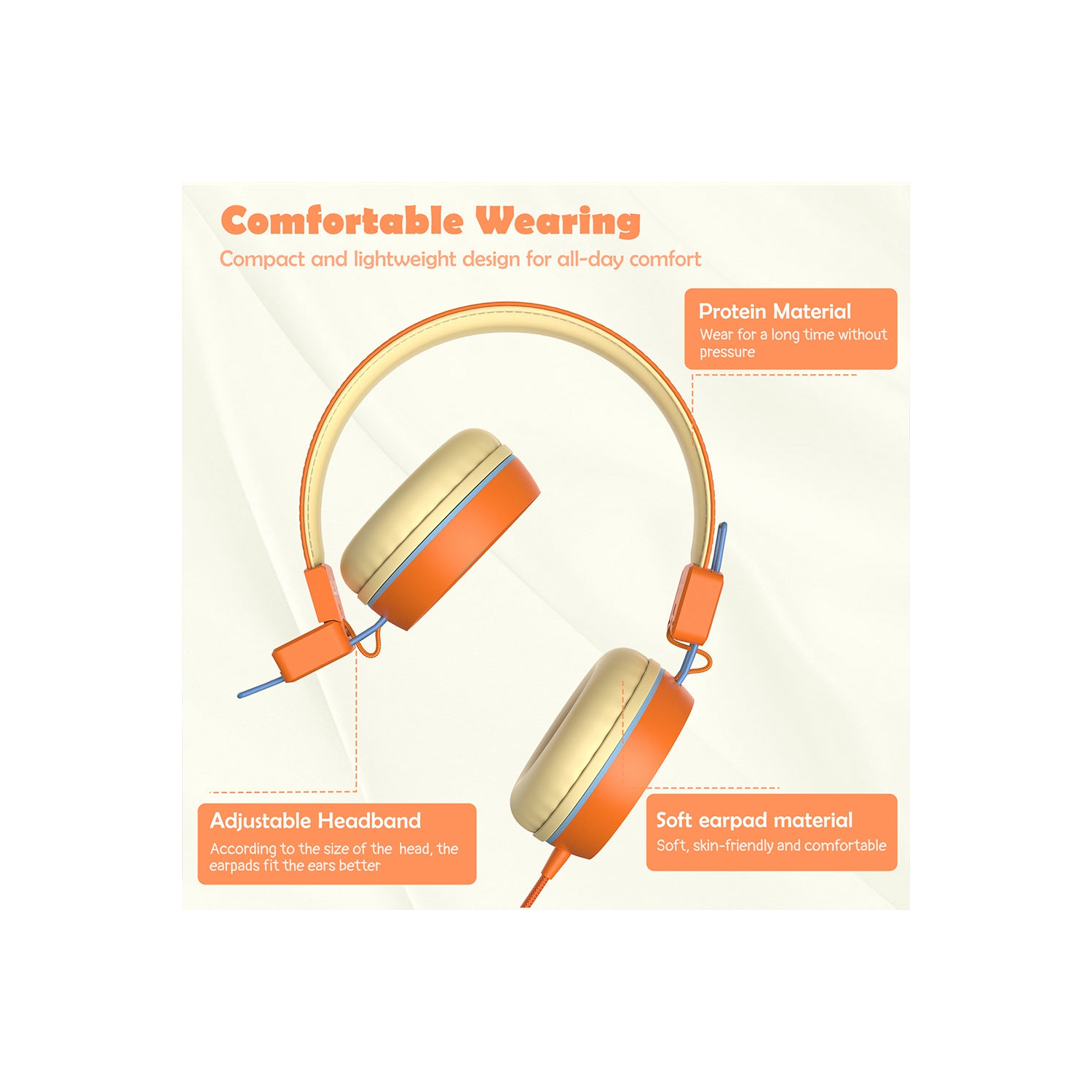 New Bee Kids Headphones with Microphone - Safe Volume Control, Foldable, in Vibrant Orange