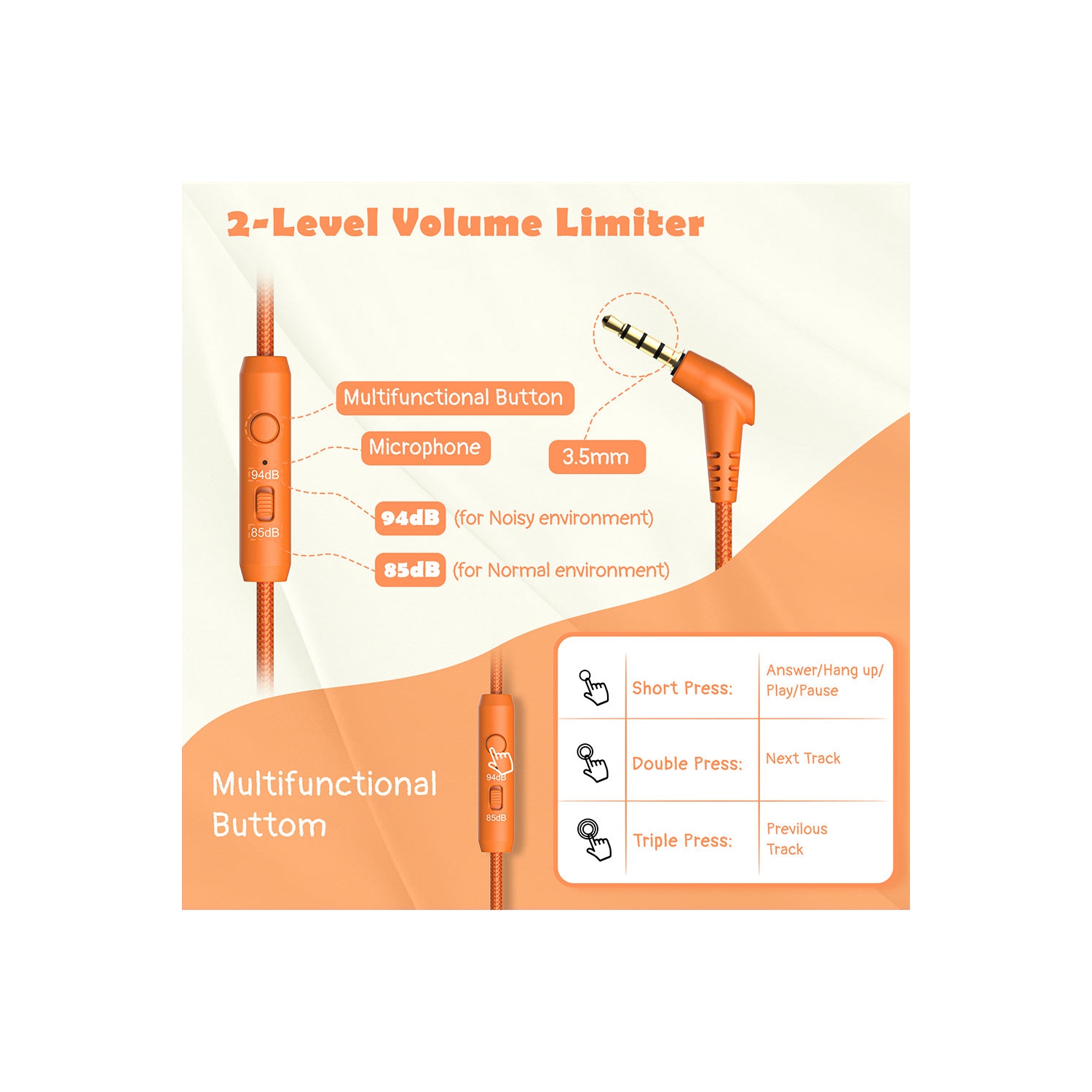 New Bee Kids Headphones with Microphone - Safe Volume Control, Foldable, in Vibrant Orange