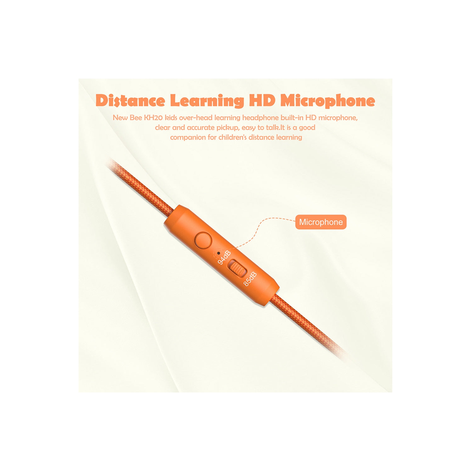 New Bee Kids Headphones with Microphone - Safe Volume Control, Foldable, in Vibrant Orange