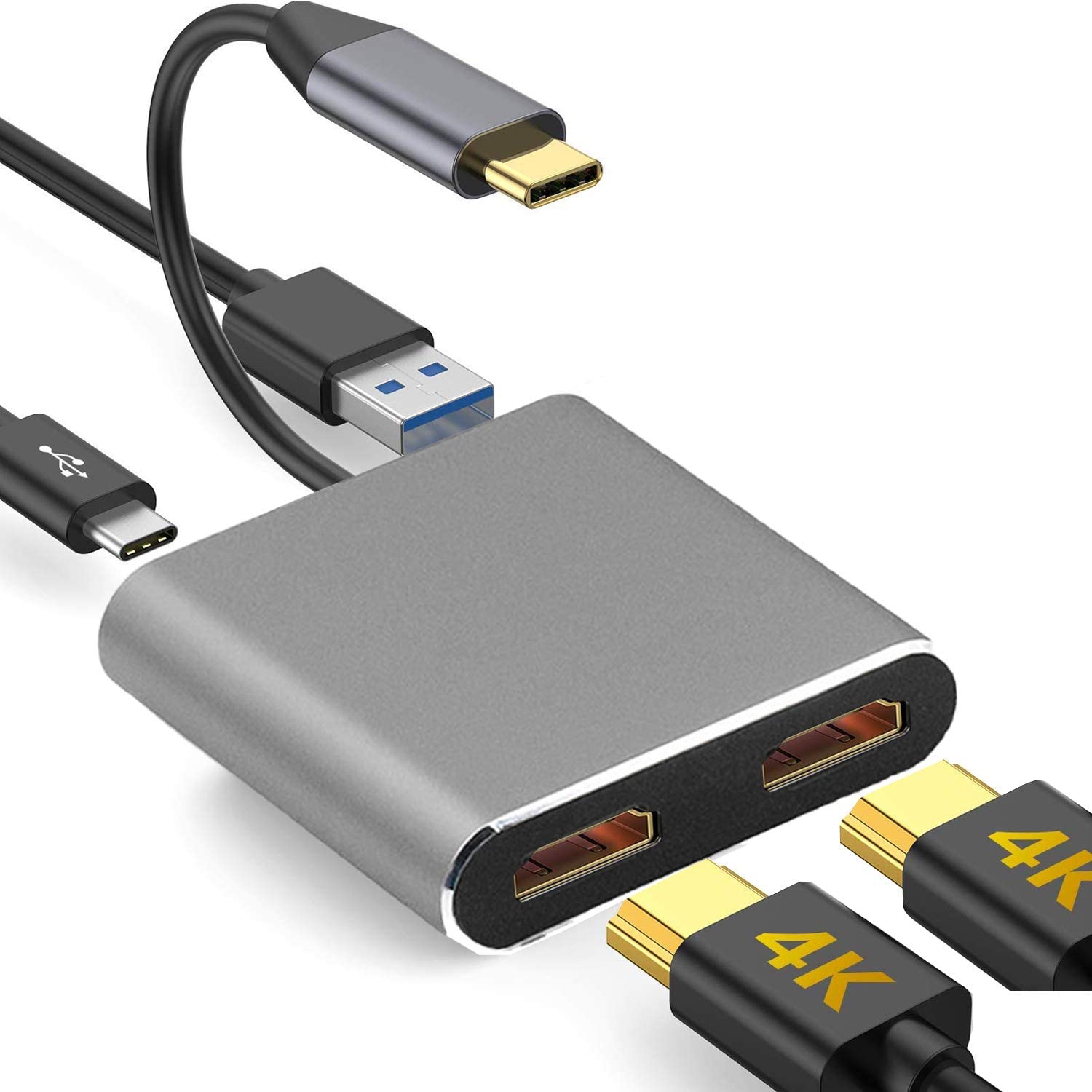 HYFAI USB C to Dual HDMI Adapter USB Type C to 2 HDMI 4K USB 3.0 Hub Converter Compatible MacBook Pro/iPad Pro 2018/Samsung Galaxy S8-S20/Google Pixelbook