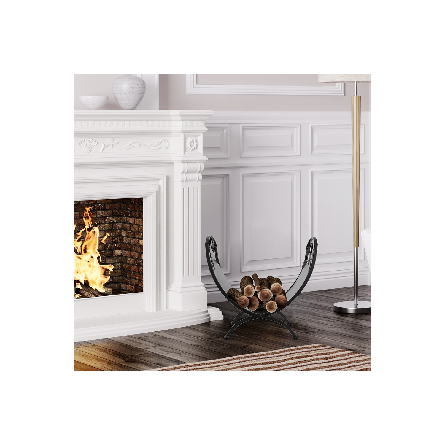 Support de rangement pour bois de chauffage avec volutes et motif de feuilles, support organisateur de bois de chauffage robuste