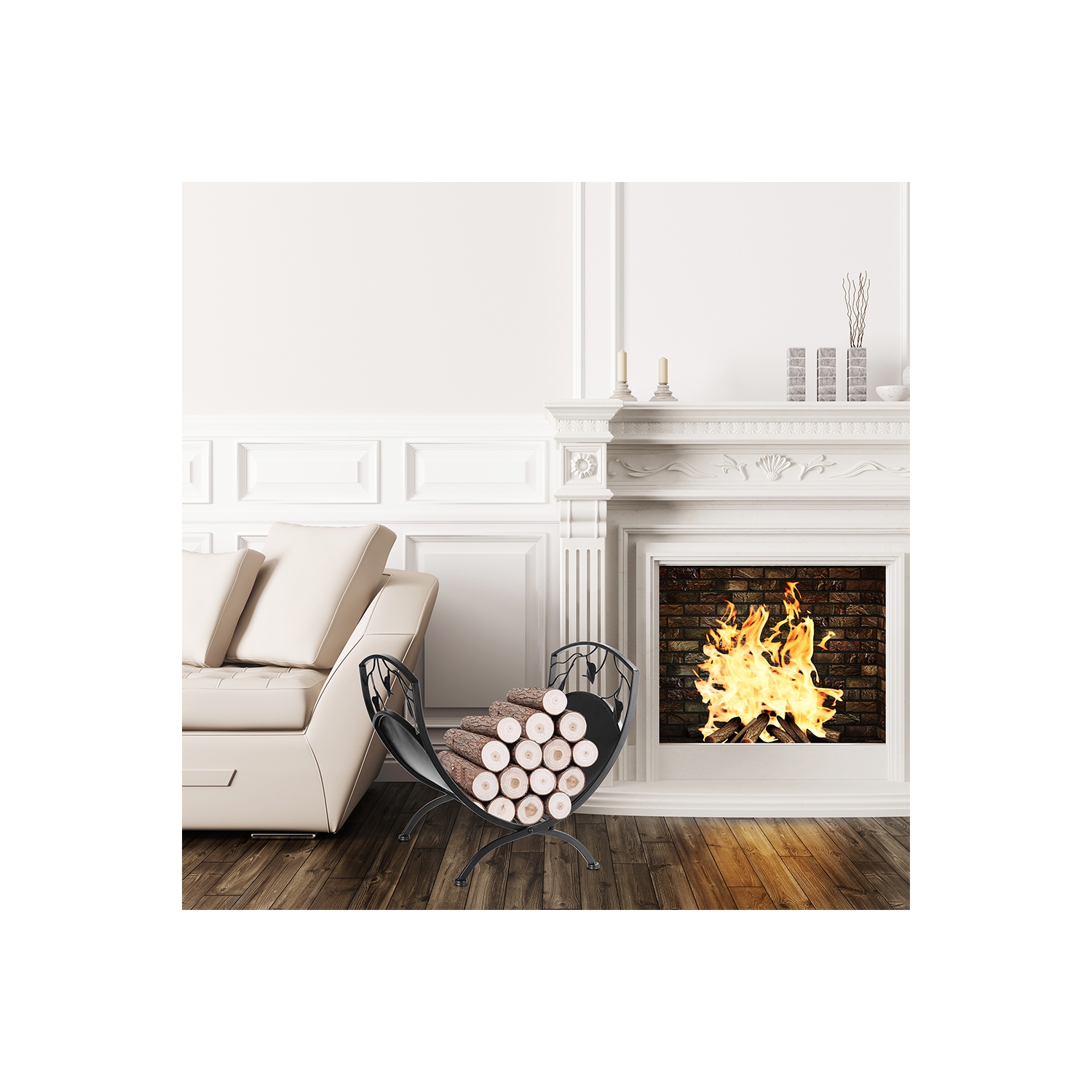 Support de rangement pour bois de chauffage avec volutes et motif de feuilles, support organisateur de bois de chauffage robuste