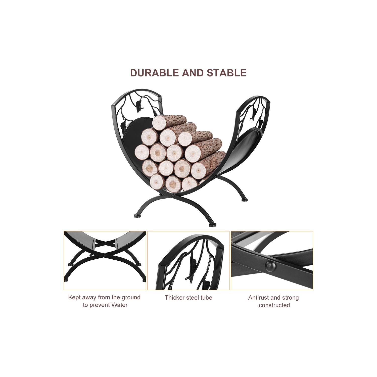 Support de rangement pour bois de chauffage avec volutes et motif de feuilles, support organisateur de bois de chauffage robuste