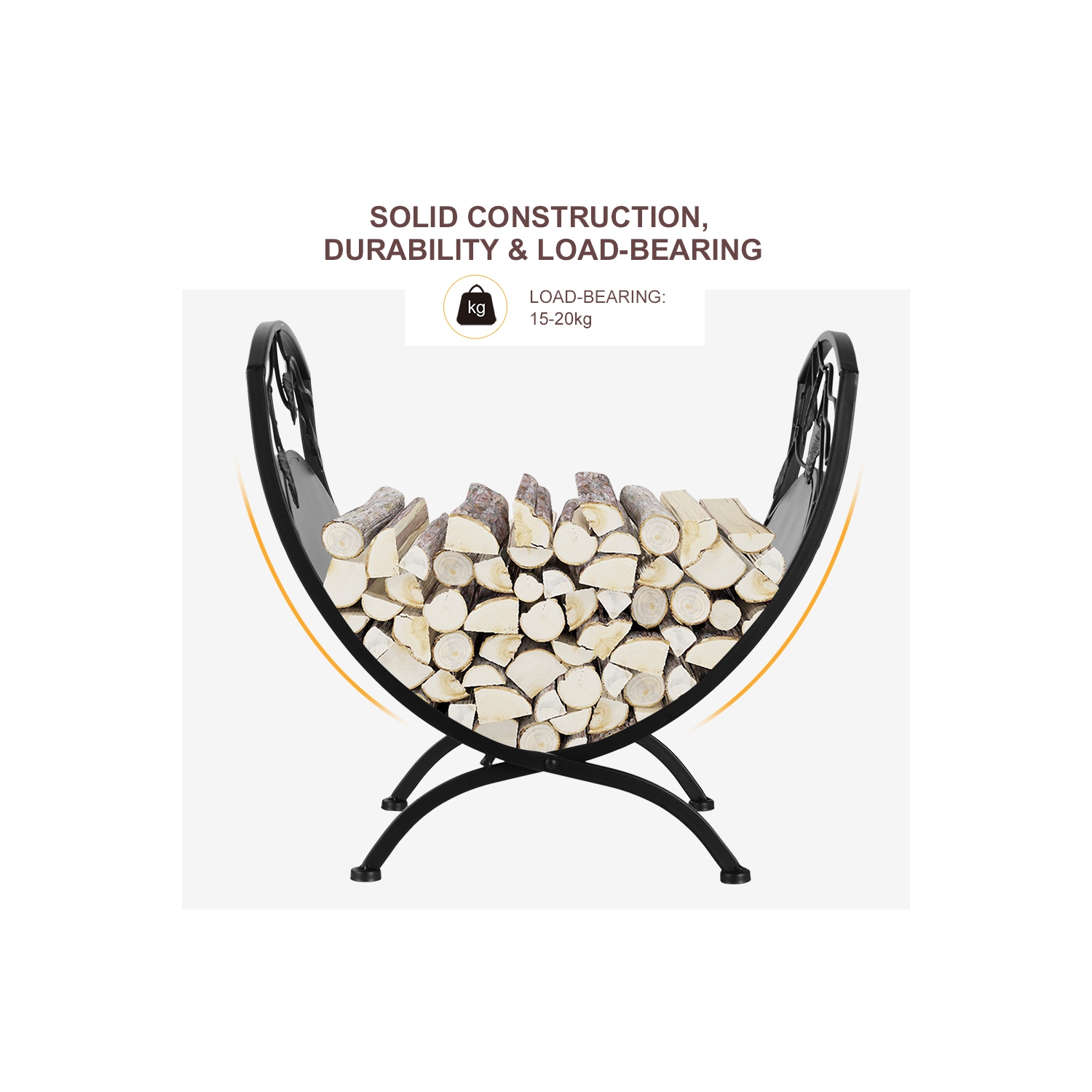 Support de rangement pour bois de chauffage avec volutes et motif de feuilles, support organisateur de bois de chauffage robuste