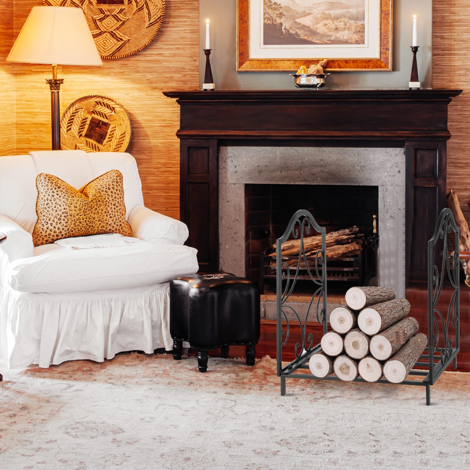 Fireplace Log Holder, Wrought Iron Indoor Fire Wood Stove Stacking Rack Logs Bin Firewood Storage