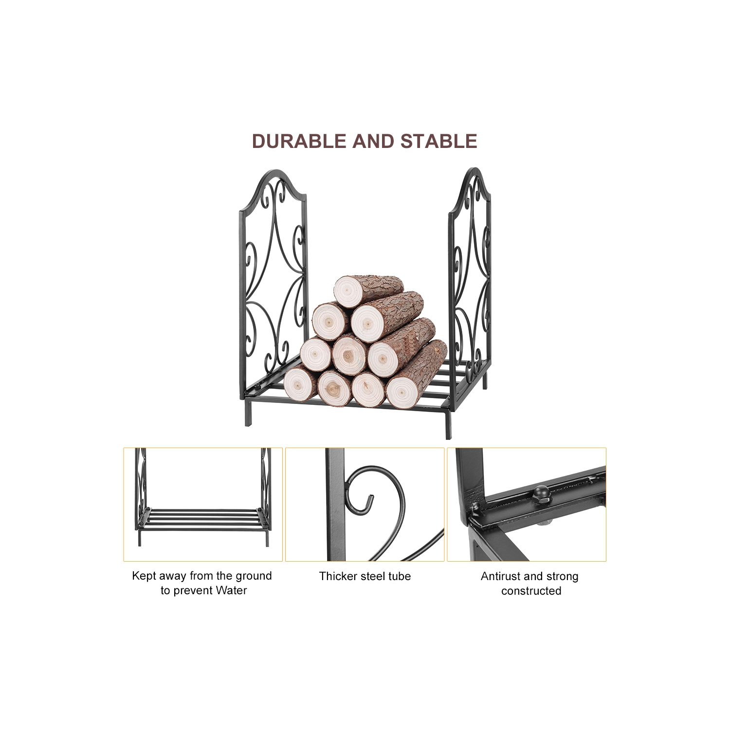 Fireplace Log Holder, Wrought Iron Indoor Fire Wood Stove Stacking Rack Logs Bin Firewood Storage