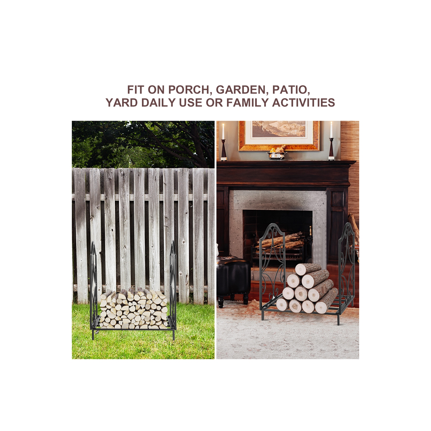 Fireplace Log Holder, Wrought Iron Indoor Fire Wood Stove Stacking Rack Logs Bin Firewood Storage