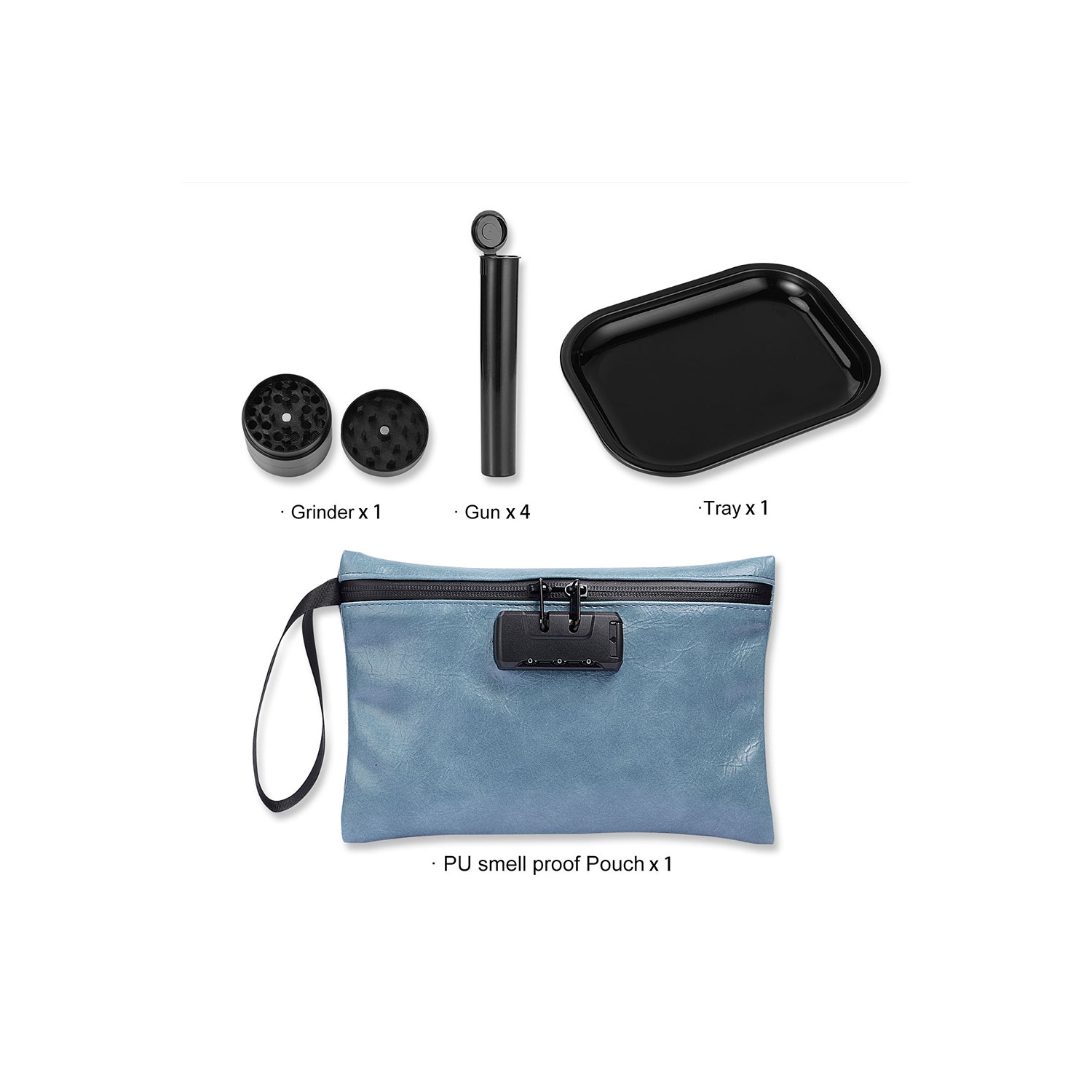 Smell Proof Bag Set, Blue Travel Storage Bag with Lock, Odor Proof Pouch Case Container with 1*Black Grinder, 4*Tube, 1*Tray
