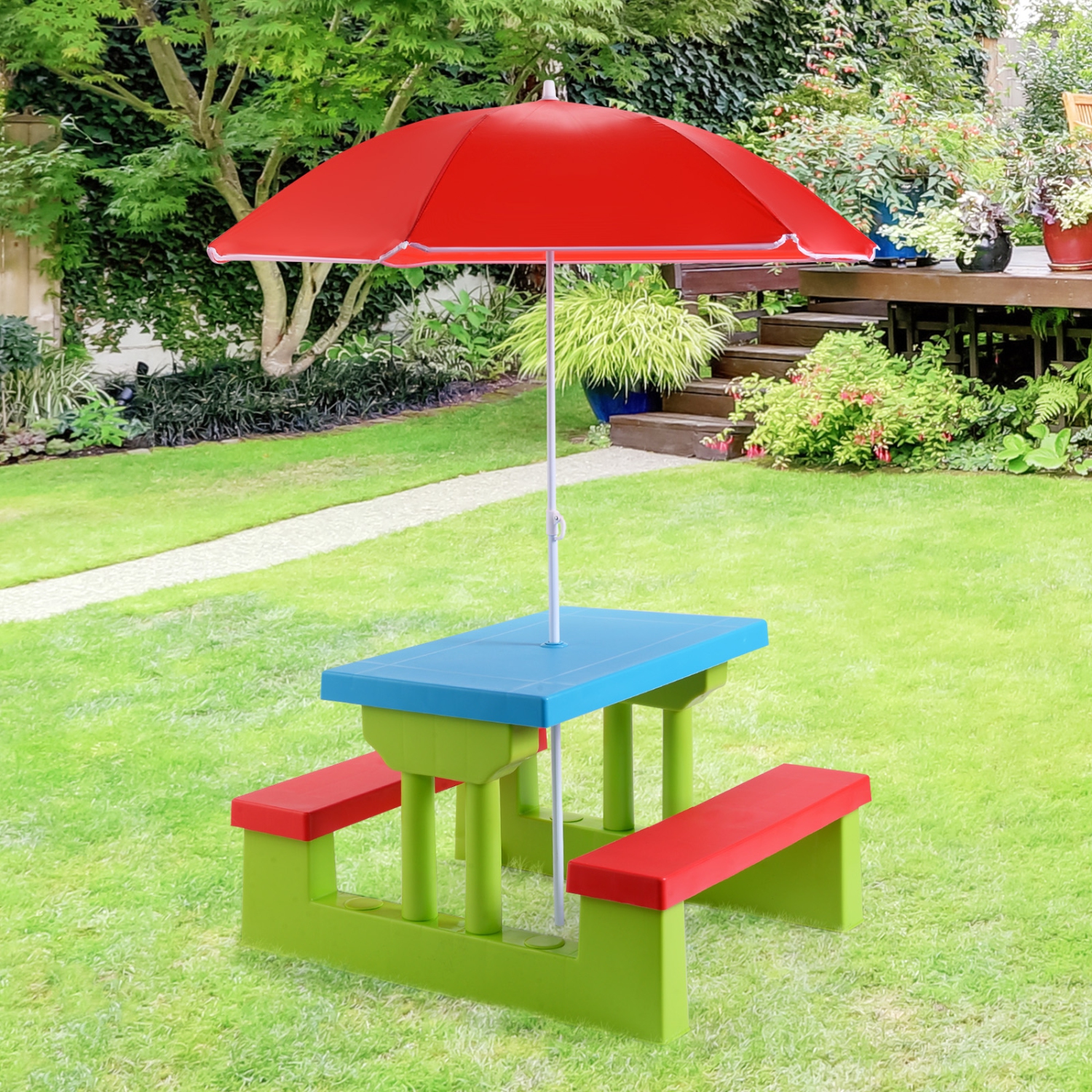 Topbuy Kids Picnic Table Set Indoor Outdoor Toddler Table with Bench & Removable Umbrella Portable Children Play Set