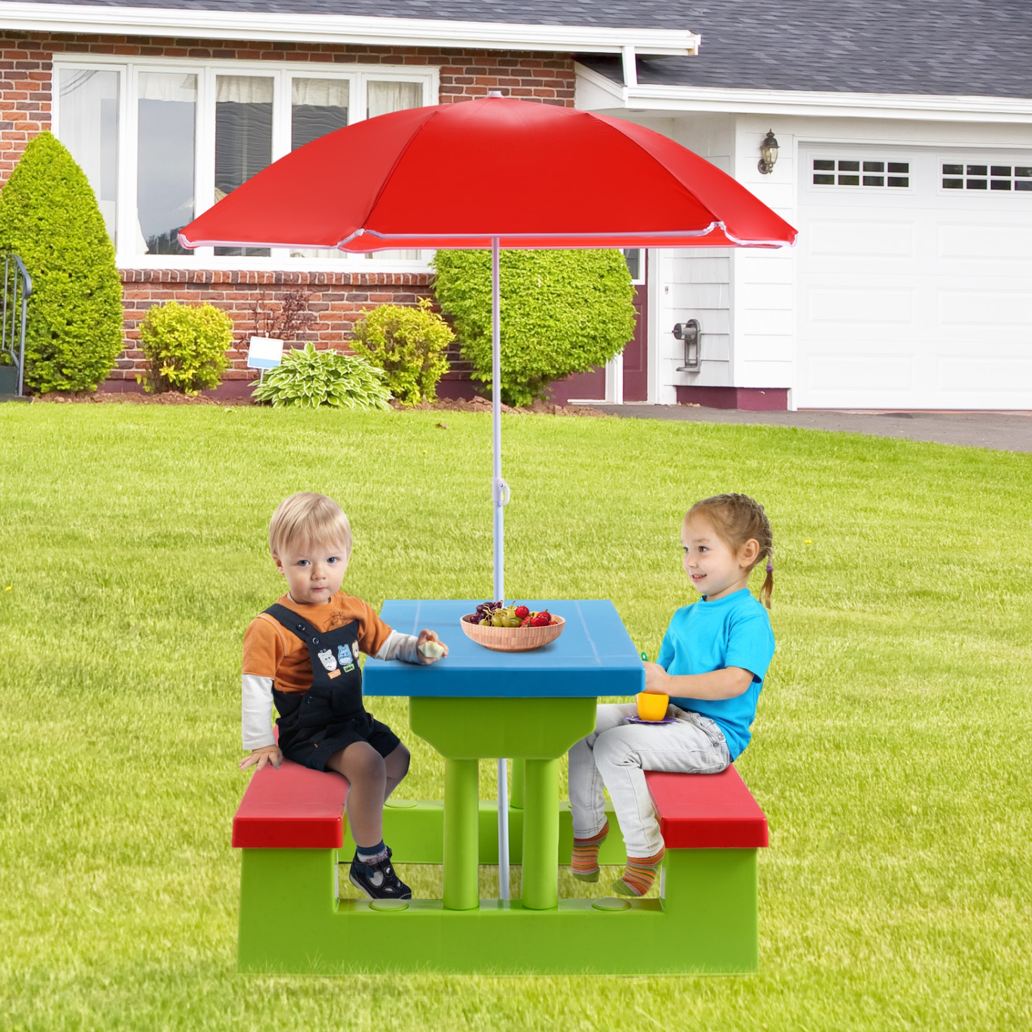 Topbuy Kids Picnic Table Set Indoor Outdoor Toddler Table with Bench & Removable Umbrella Portable Children Play Set