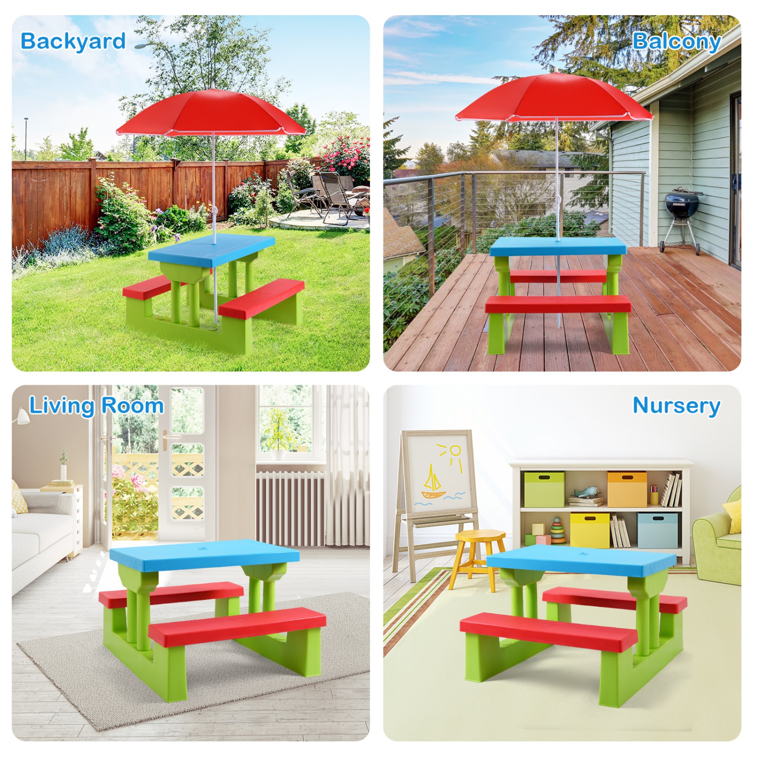 Topbuy Kids Picnic Table Set Indoor Outdoor Toddler Table with Bench & Removable Umbrella Portable Children Play Set