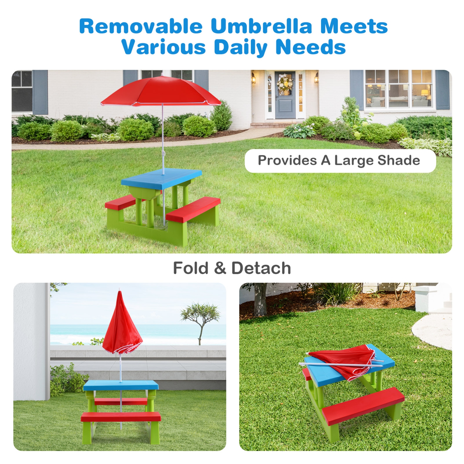 Topbuy Kids Picnic Table Set Indoor Outdoor Toddler Table with Bench & Removable Umbrella Portable Children Play Set