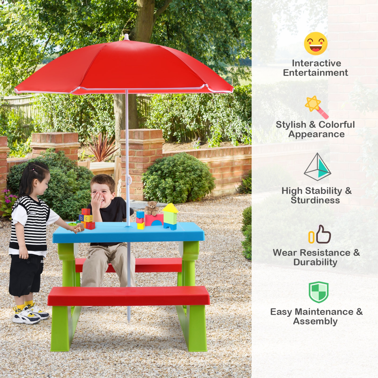 Topbuy Kids Picnic Table Set Indoor Outdoor Toddler Table with Bench & Removable Umbrella Portable Children Play Set