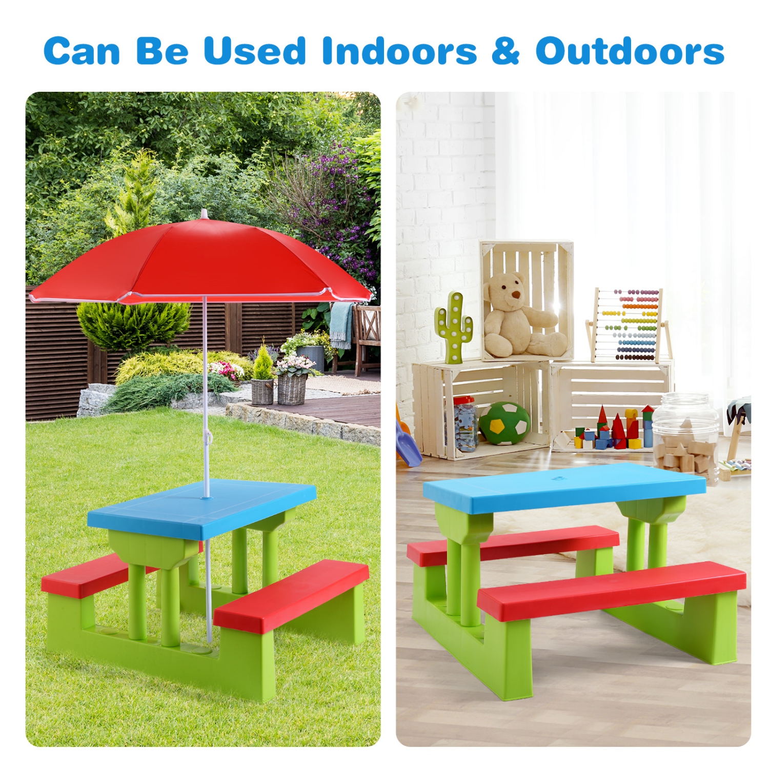 Topbuy Kids Picnic Table Set Indoor Outdoor Toddler Table with Bench & Removable Umbrella Portable Children Play Set