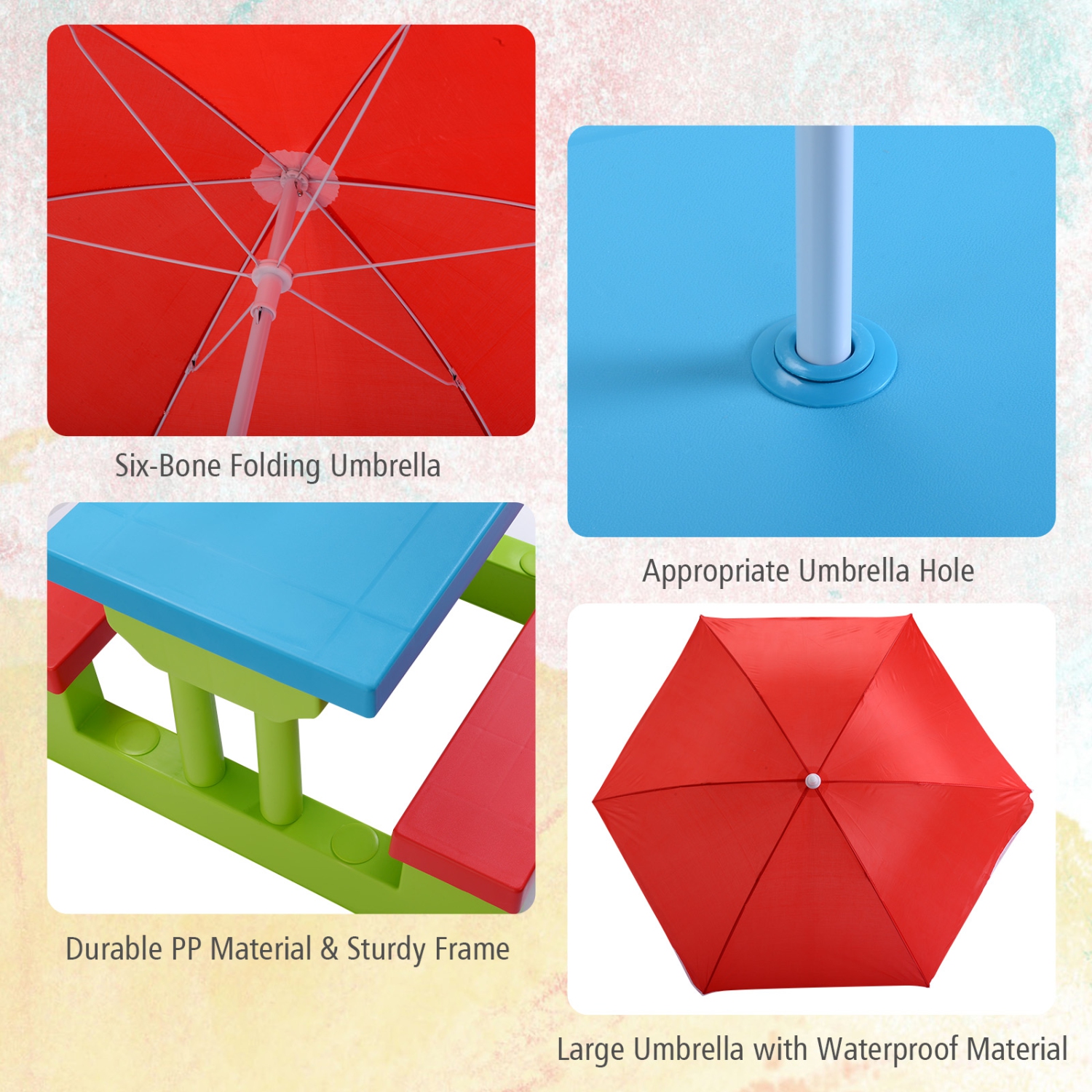 Topbuy Kids Picnic Table Set Indoor Outdoor Toddler Table with Bench & Removable Umbrella Portable Children Play Set