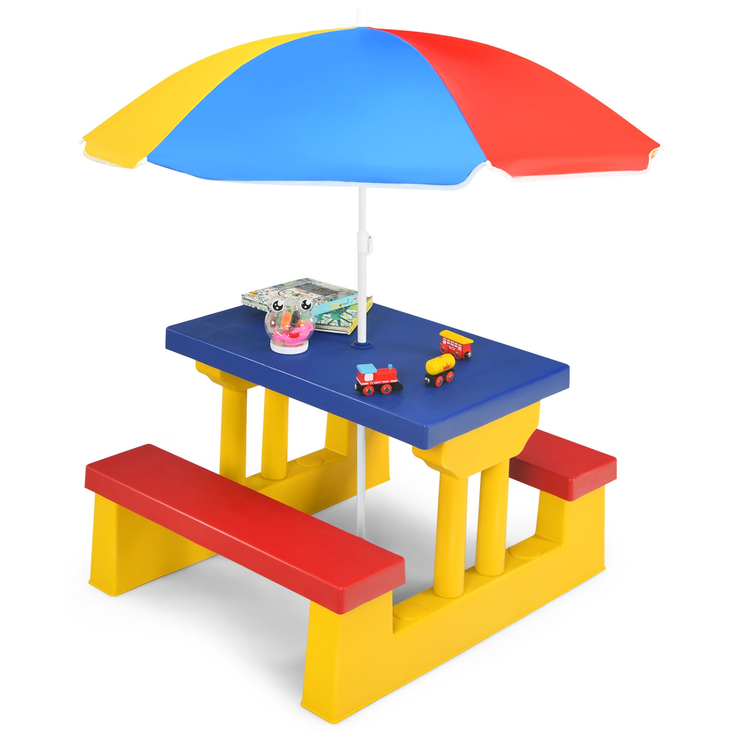 Topbuy Kids Picnic Table Set Indoor Outdoor Toddler Table with Bench & Removable Umbrella Portable Children Play Set