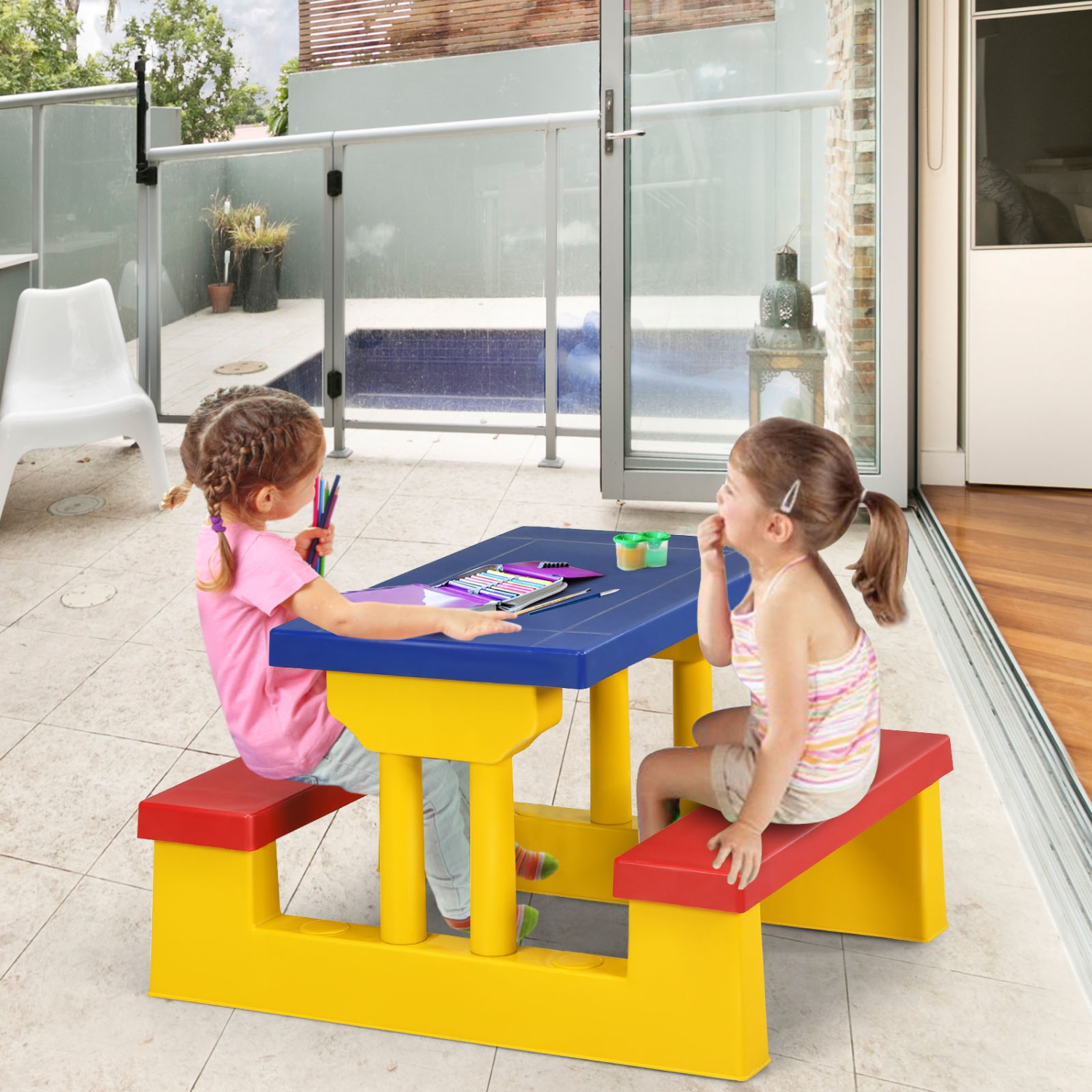 Topbuy Kids Picnic Table Set Indoor Outdoor Toddler Table with Bench & Removable Umbrella Portable Children Play Set