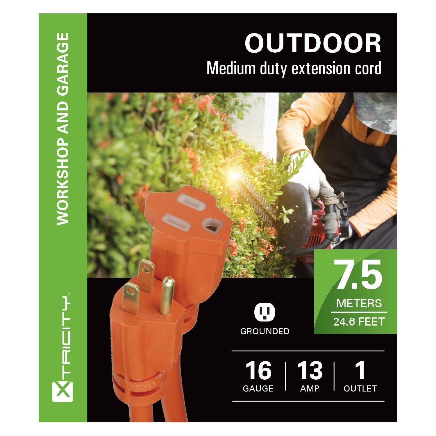 Xtrciity - Rallonge Électrique à 1 Prise avec Mise à la Terre, Longeur de 7.5 Mètres, Pour Usage Extérieur, Orange