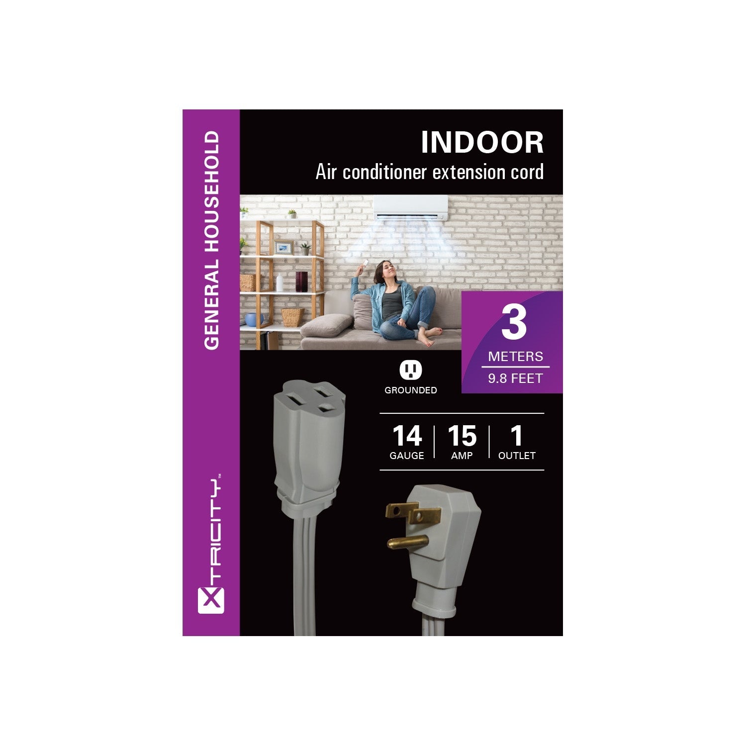 Xtricity - 1 Plug Electrical Extension Cord with Grounding, 3 Meter Length, For Indoor Use, Gray