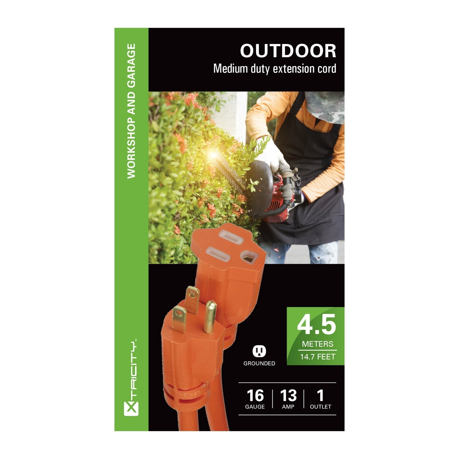 Xtricity - 1 Plug Electrical Extension Cord with Grounding, 4.5 Meter Length, For Outdoor Use, Orange