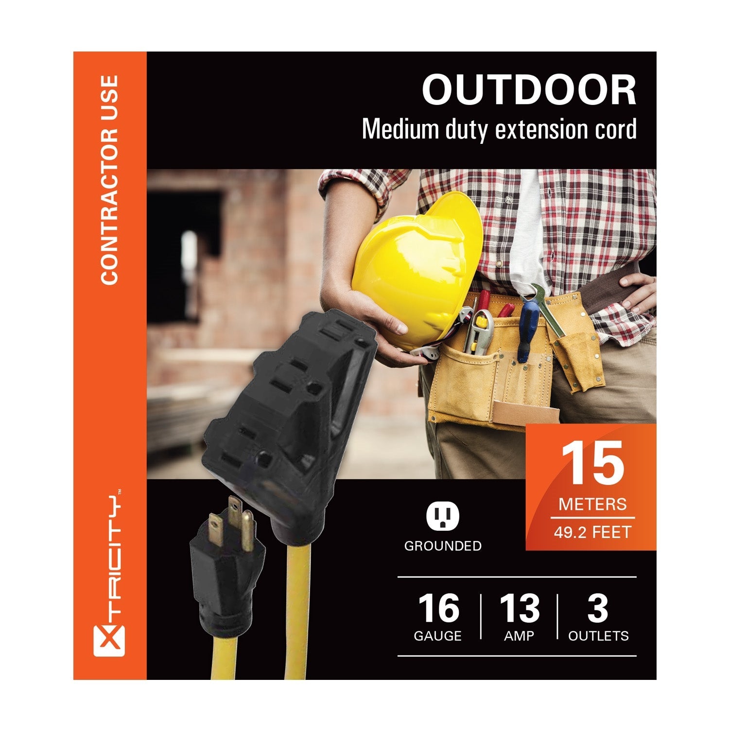 Xtricity - 3 Outlet Grounding Extension Cord, 15 Meter Length, For Outdoor Use, Yellow