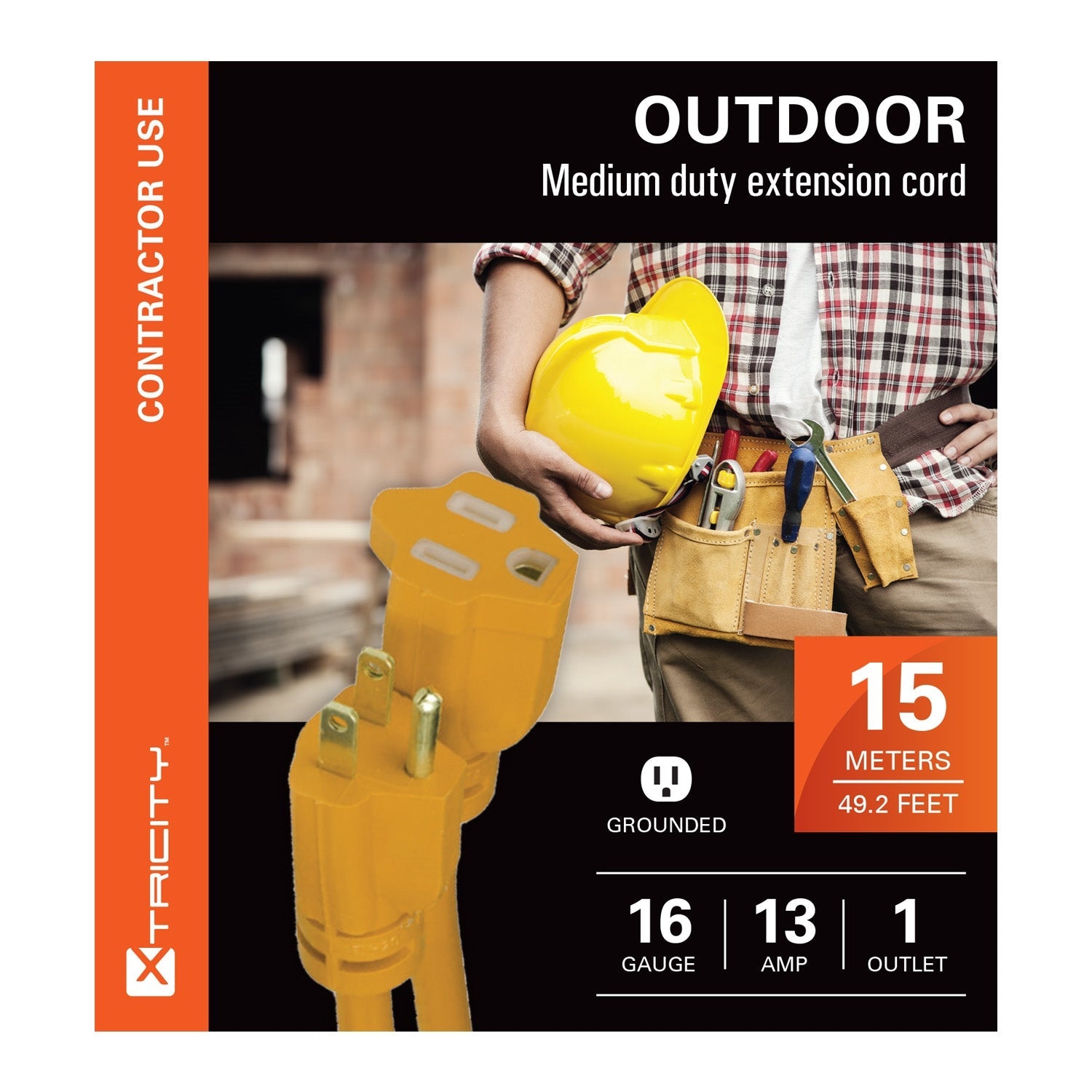 Xtricity - Rallonge Électrique à 1 Prise avec Mise à la Terre, Longeur de 15 Mètres, Pour Usage Extérieur, Jaune