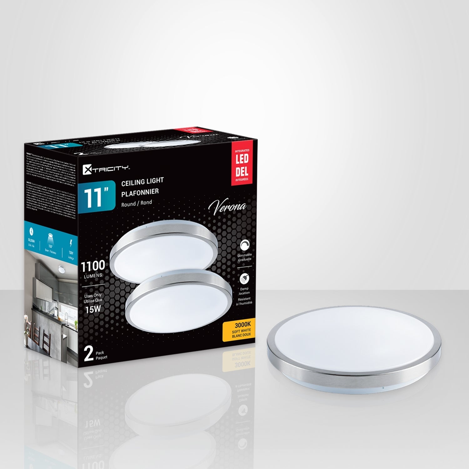 Xtricity - Ensemble de 2 Plafonniers avec DEL Intégrées, Gradable, Diamètre de 11'', 15W, 3000K Blanc Doux