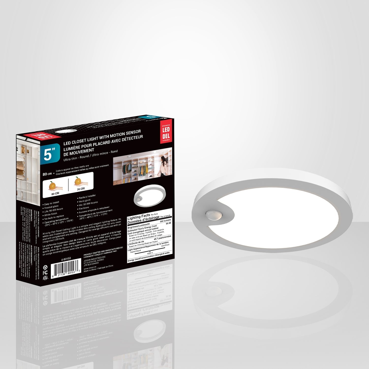 Xtricity - Lumière pour Placard avec Détecteur de Mouvement, Diamètre de 5'', 8W, 4000K Blanc Froid