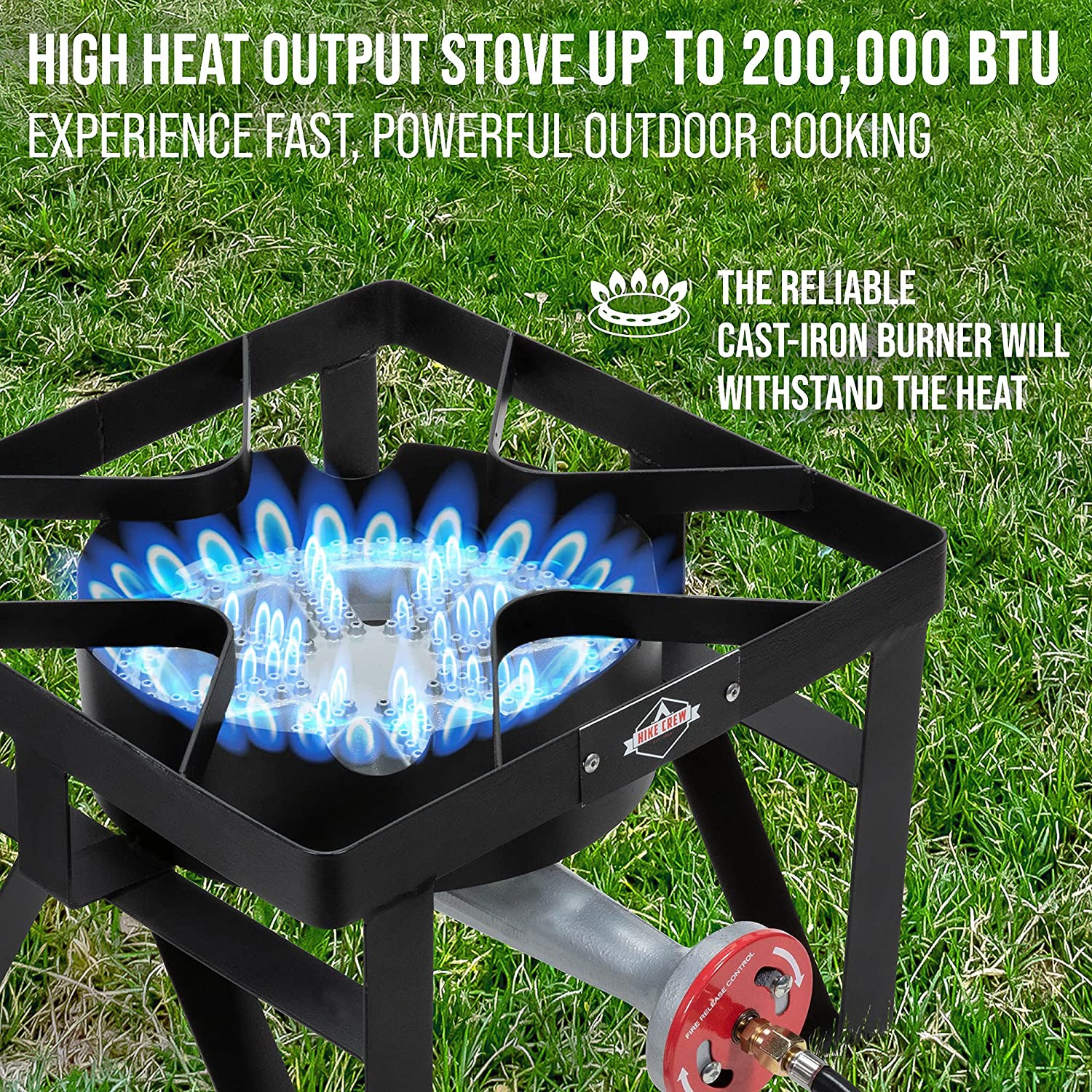 Hike Crew Cast Iron Single-Burner Outdoor Gas Stove | 220,000 BTU Portable Propane-Powered Cooktop | with Blue Flame Air Control Panel, Hose with
