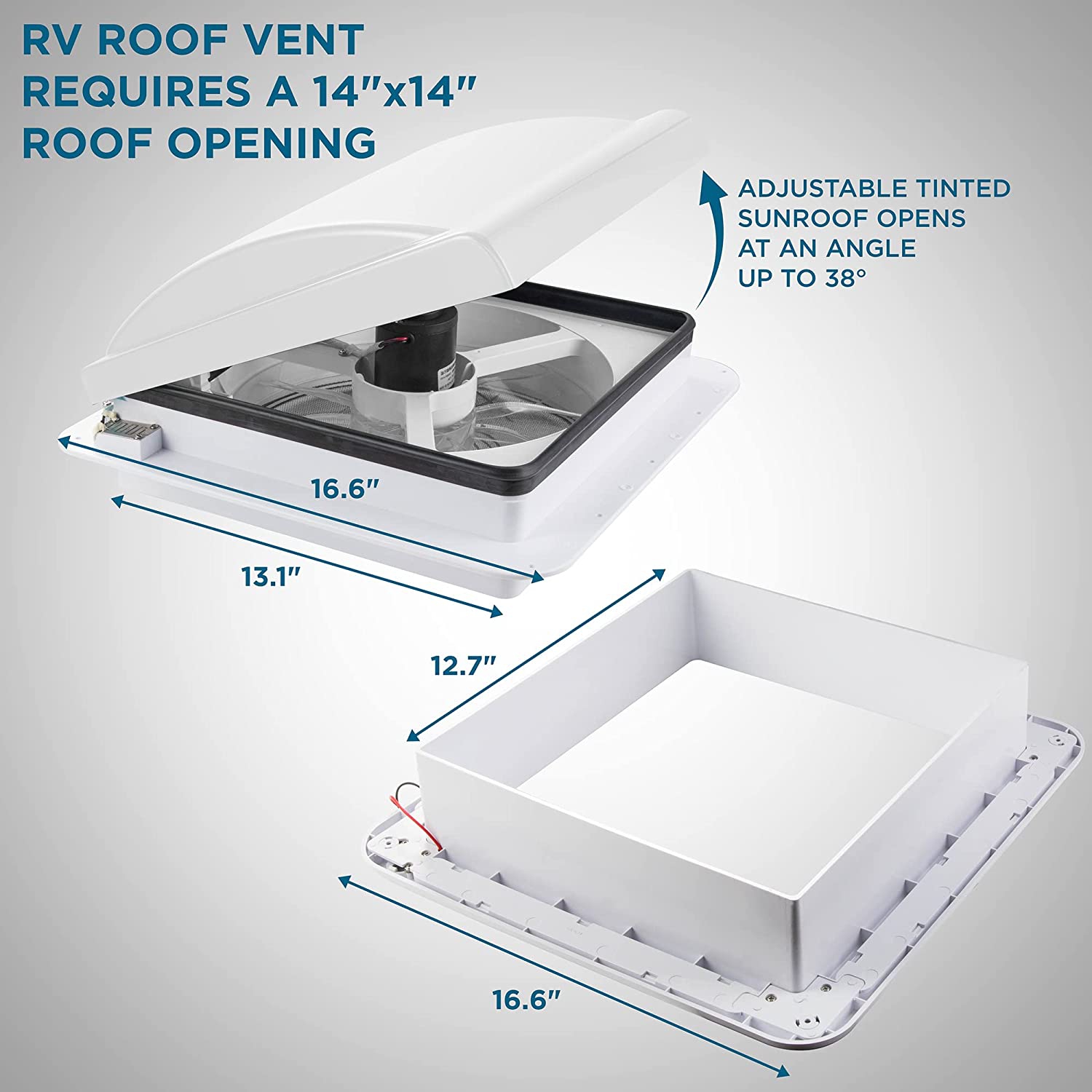 Hike Crew 14” RV Roof Vent Fan with LED Light | 12V Motorhome Fan w/ 3 Speed Intake & Exhaust | Manual Open/Close & White Lid | Includes Screws &