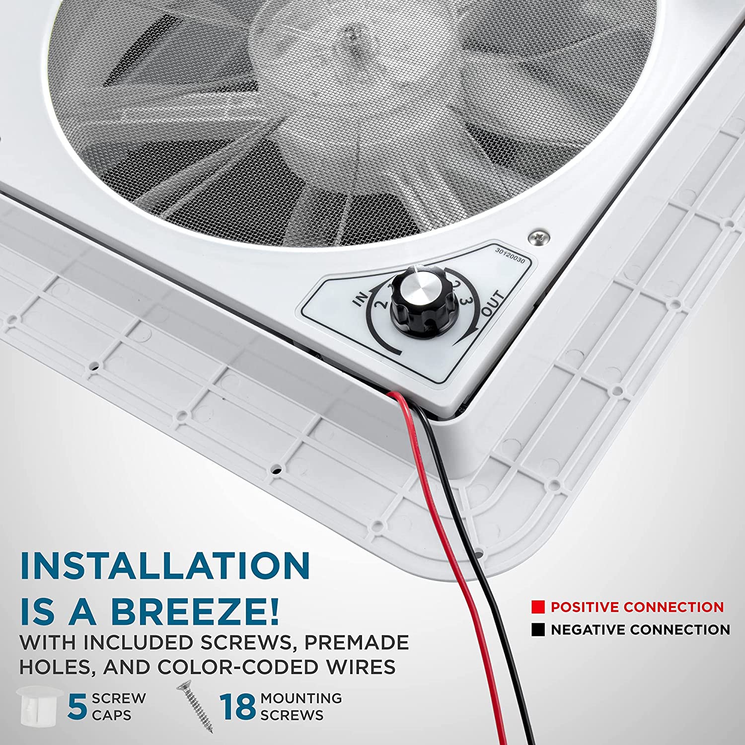 Hike Crew 14” RV Roof Vent Fan with LED Light | 12V Motorhome Fan w/ 3 Speed Intake & Exhaust | Manual Open/Close & White Lid | Includes Screws &