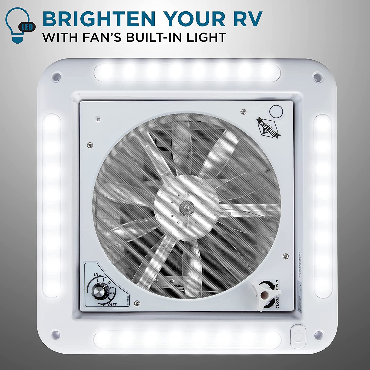 Hike Crew 14” RV Roof Vent Fan with LED Light | 12V Motorhome Fan w/ 3 Speed Intake & Exhaust | Manual Open/Close & White Lid | Includes Screws &