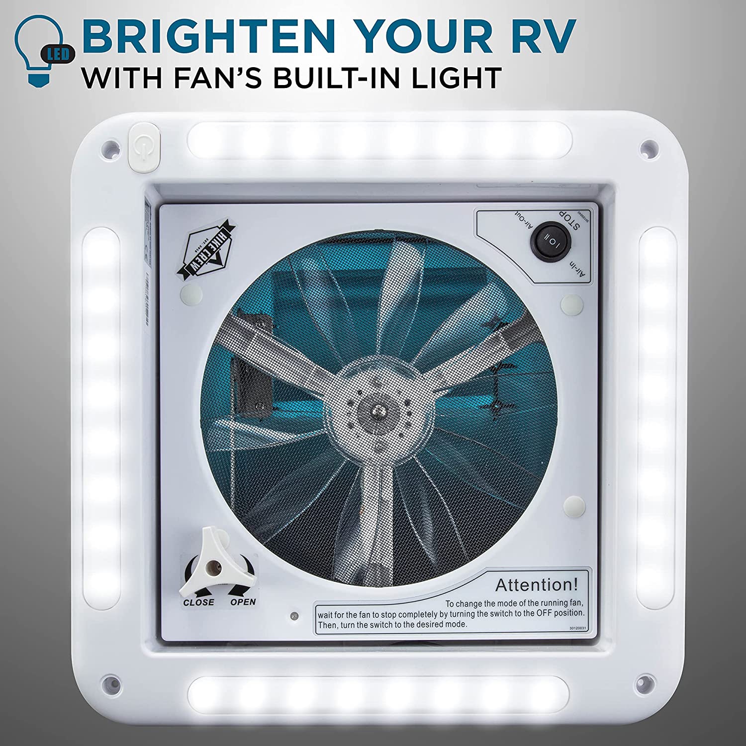 Hike Crew 11” RV Roof Vent Fan with LED Light | 12V Motorhome Vent Fan | Intake & Exhaust, Manual Open/Close & Smoked Lid | Includes Screws & Garnish