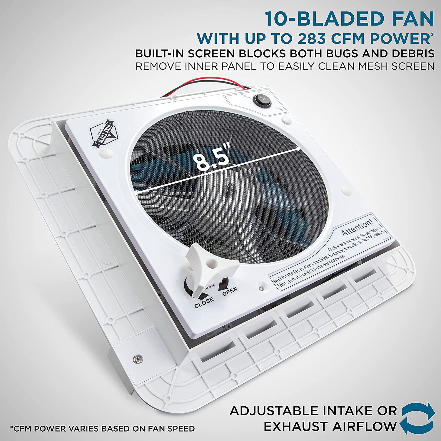 Hike Crew 11” RV Roof Vent Fan with LED Light | 12V Motorhome Vent Fan | Intake & Exhaust, Manual Open/Close & Smoked Lid | Includes Screws & Garnish