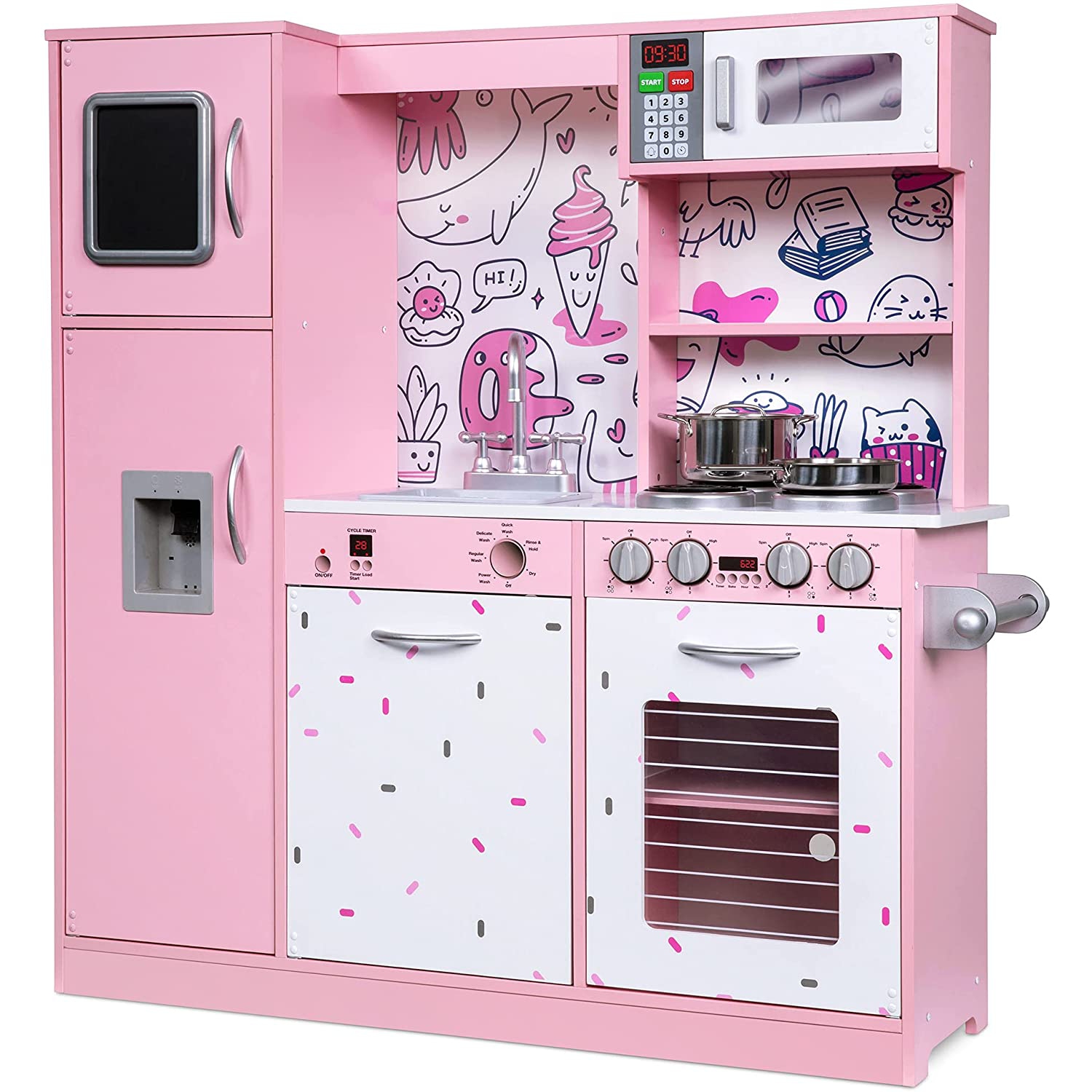 Jumbl Kitchen Set, Pretend Wooden Play Kitchen, Realistic Design, Interactive Battery Operated Sound Elements, Includes Microwave, Ice Machine,