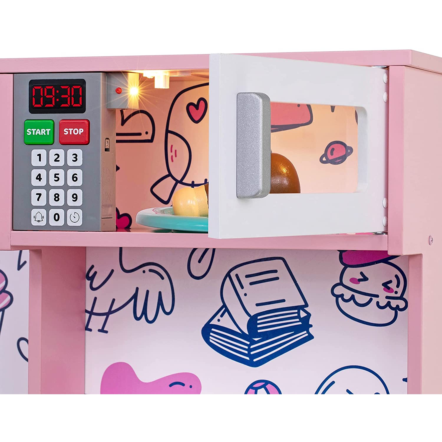 Jumbl Kitchen Set, Pretend Wooden Play Kitchen, Realistic Design, Interactive Battery Operated Sound Elements, Includes Microwave, Ice Machine,