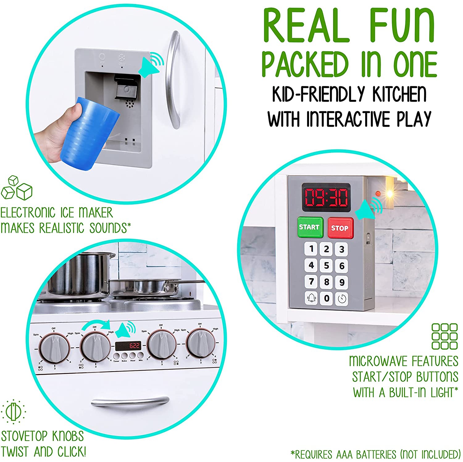 Jumbl Kitchen Set, Pretend Wooden Play Kitchen, Realistic Design, Interactive Battery Operated Sound Elements, Includes Microwave, Ice Machine,