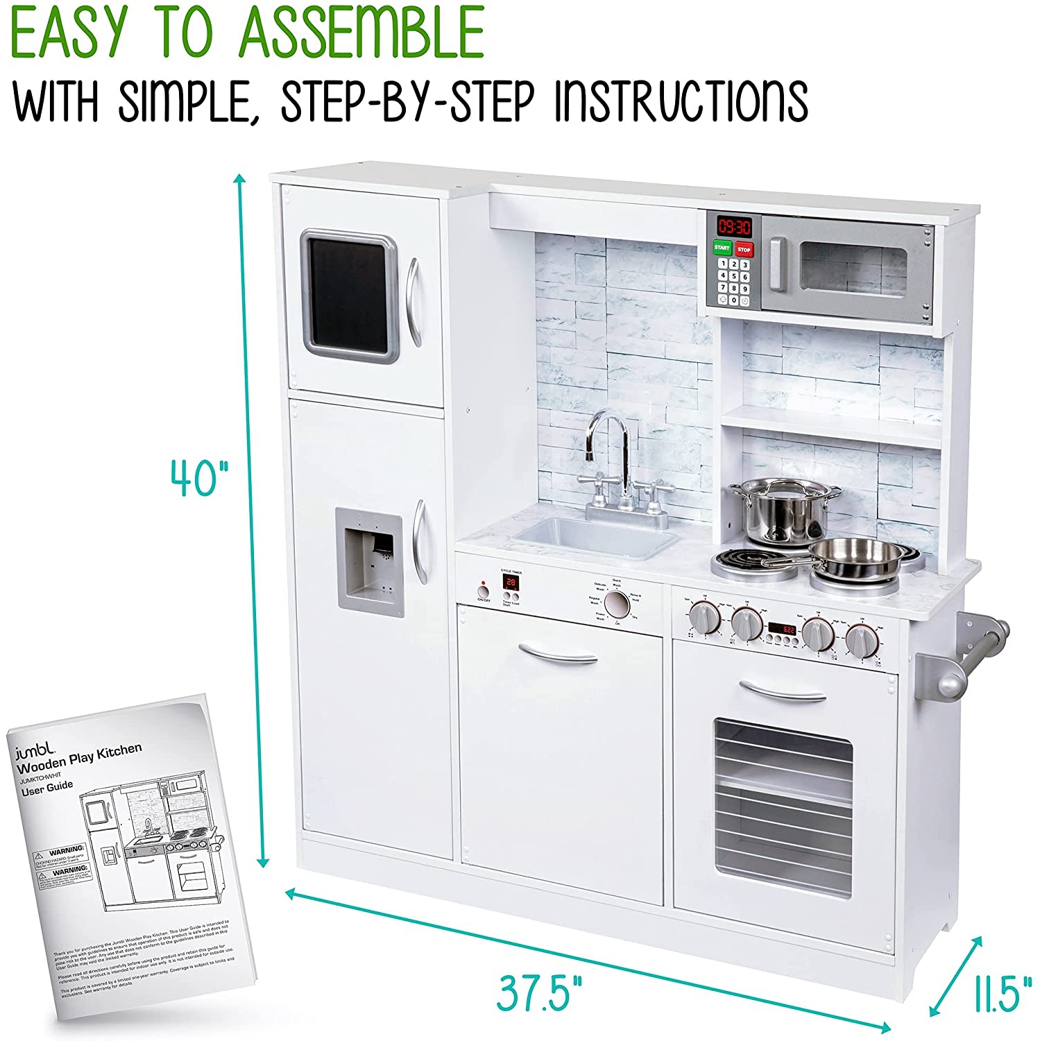 Jumbl Kitchen Set, Pretend Wooden Play Kitchen, Realistic Design, Interactive Battery Operated Sound Elements, Includes Microwave, Ice Machine,
