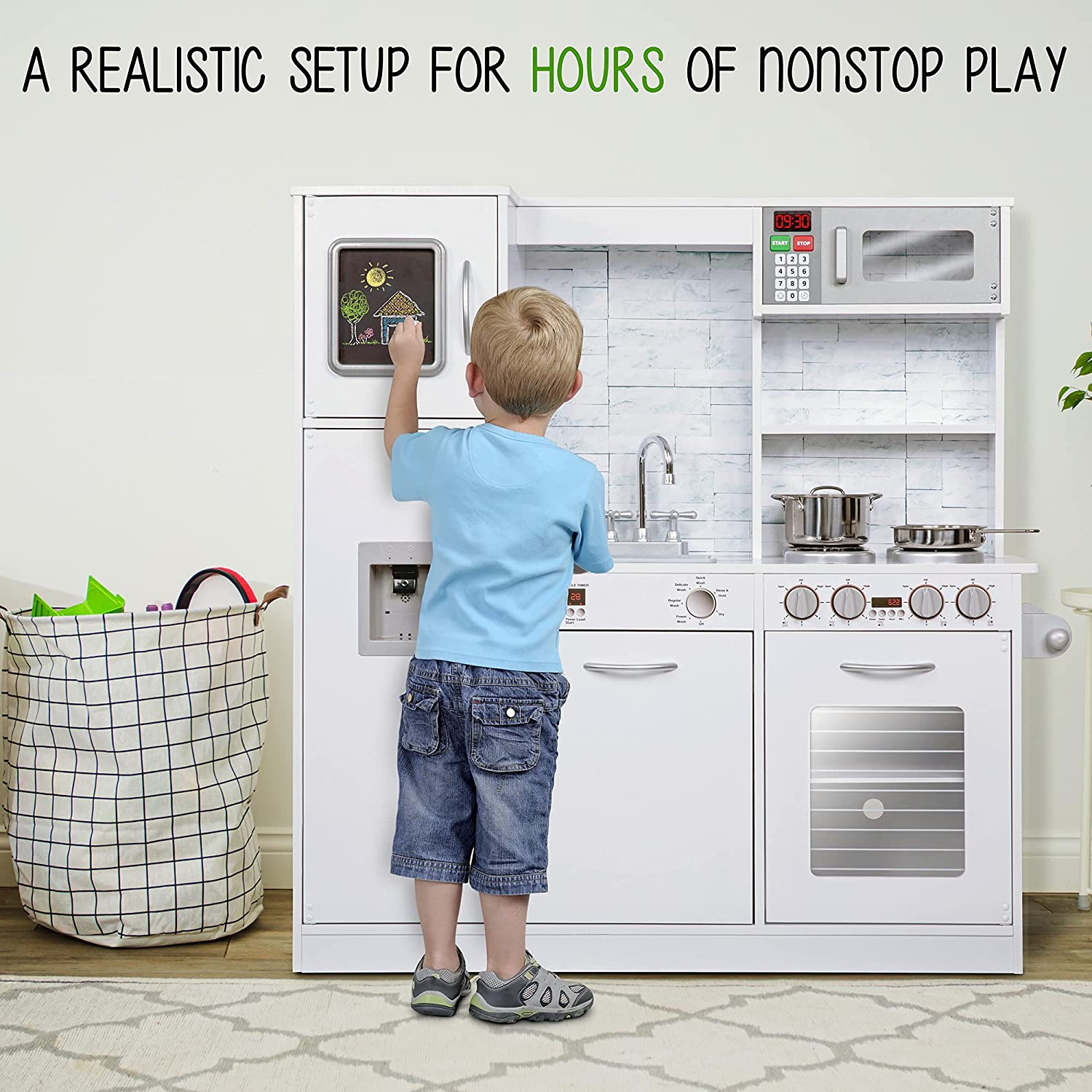 Jumbl Kitchen Set, Pretend Wooden Play Kitchen, Realistic Design, Interactive Battery Operated Sound Elements, Includes Microwave, Ice Machine,