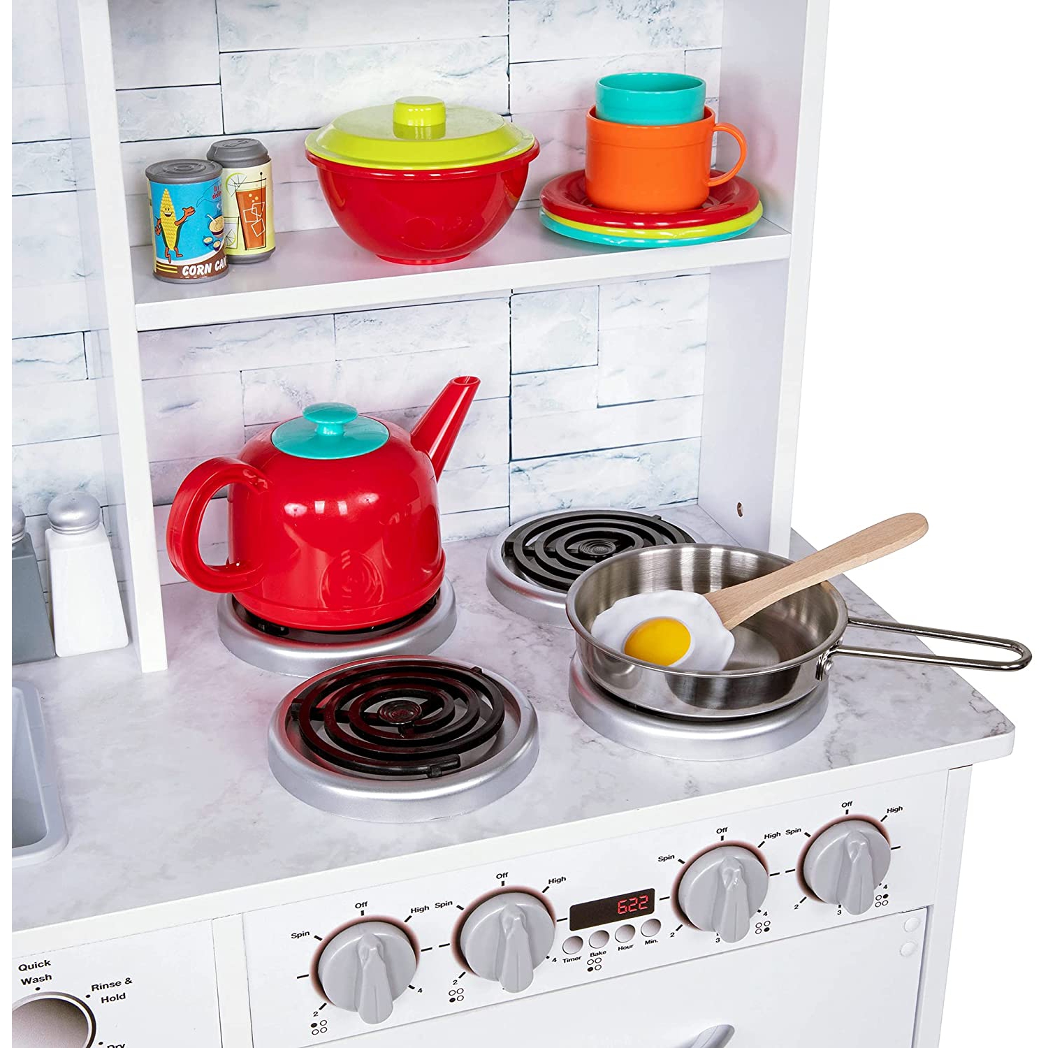 Jumbl Kitchen Set, Pretend Wooden Play Kitchen, Realistic Design, Interactive Battery Operated Sound Elements, Includes Microwave, Ice Machine,