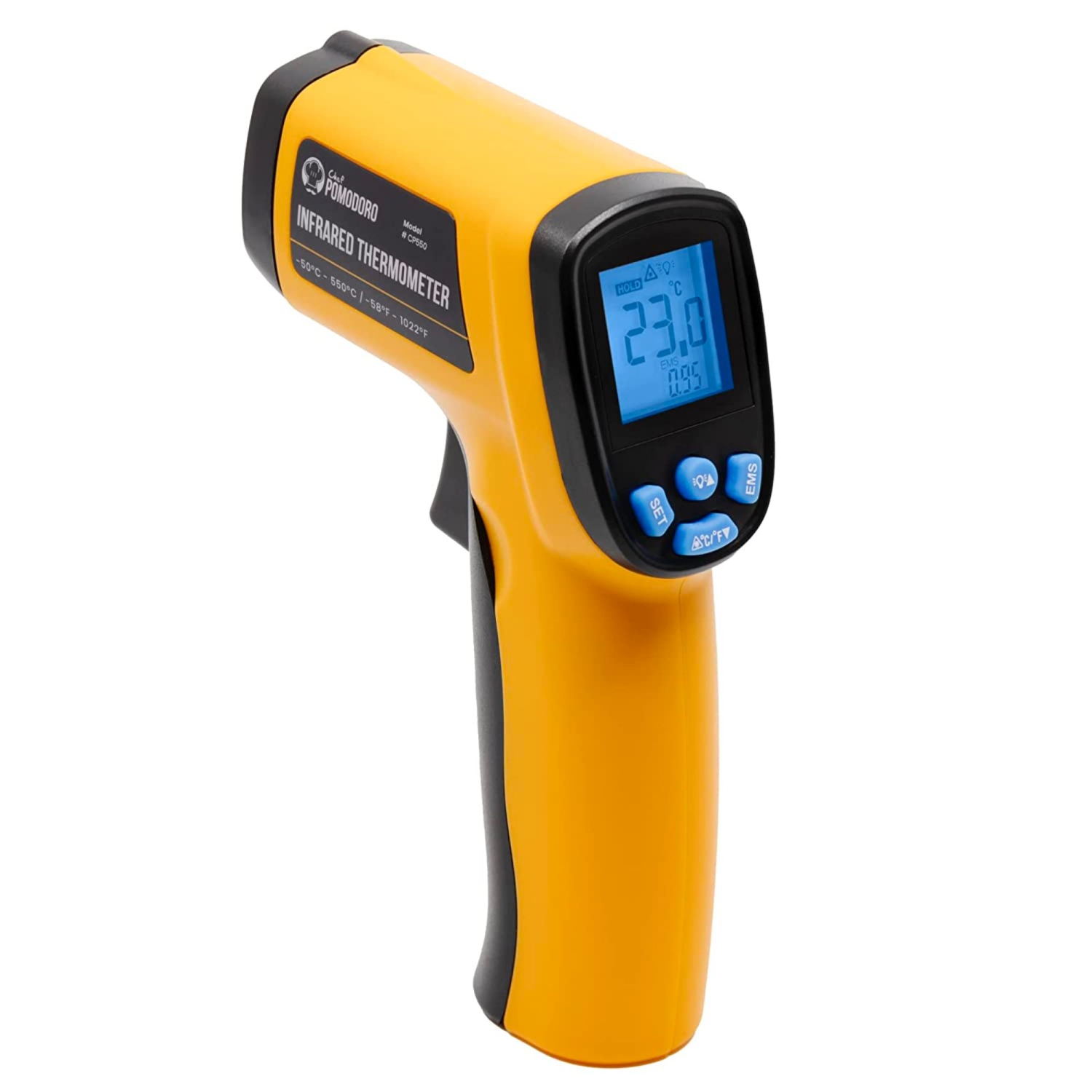 Chef Pomodoro Infrared Thermometer, Backlit LCD Display, -58℉～1022℉ Temperature Gun, (Not for Human-Use), Red Laser, Adjustable Emissivity, No Touch