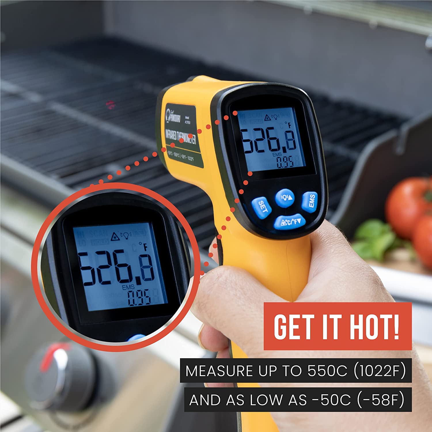 Chef Pomodoro Infrared Thermometer, Backlit LCD Display, -58℉～1022℉ Temperature Gun, (Not for Human-Use), Red Laser, Adjustable Emissivity, No Touch