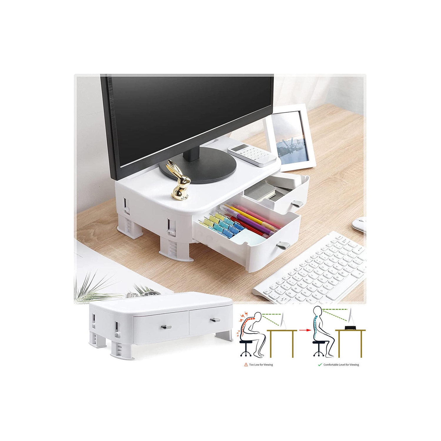 Height Adjustable Computer Monitor Stand Riser with 2 Plastic Storage Drawers,14.17 x8.66 x3.15 inches Phone Holder Laptop Stand for Desk