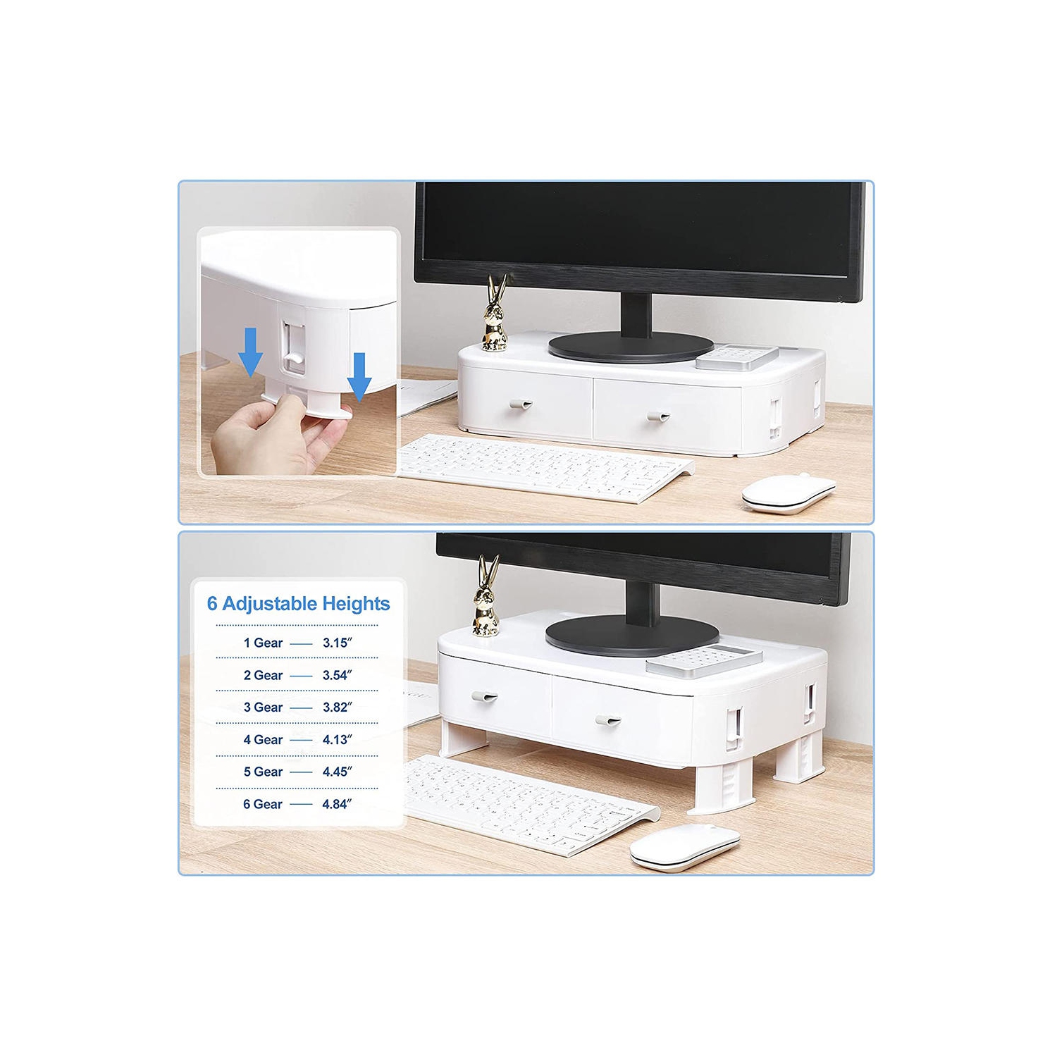 Height Adjustable Computer Monitor Stand Riser with 2 Plastic Storage Drawers,14.17 x8.66 x3.15 inches Phone Holder Laptop Stand for Desk