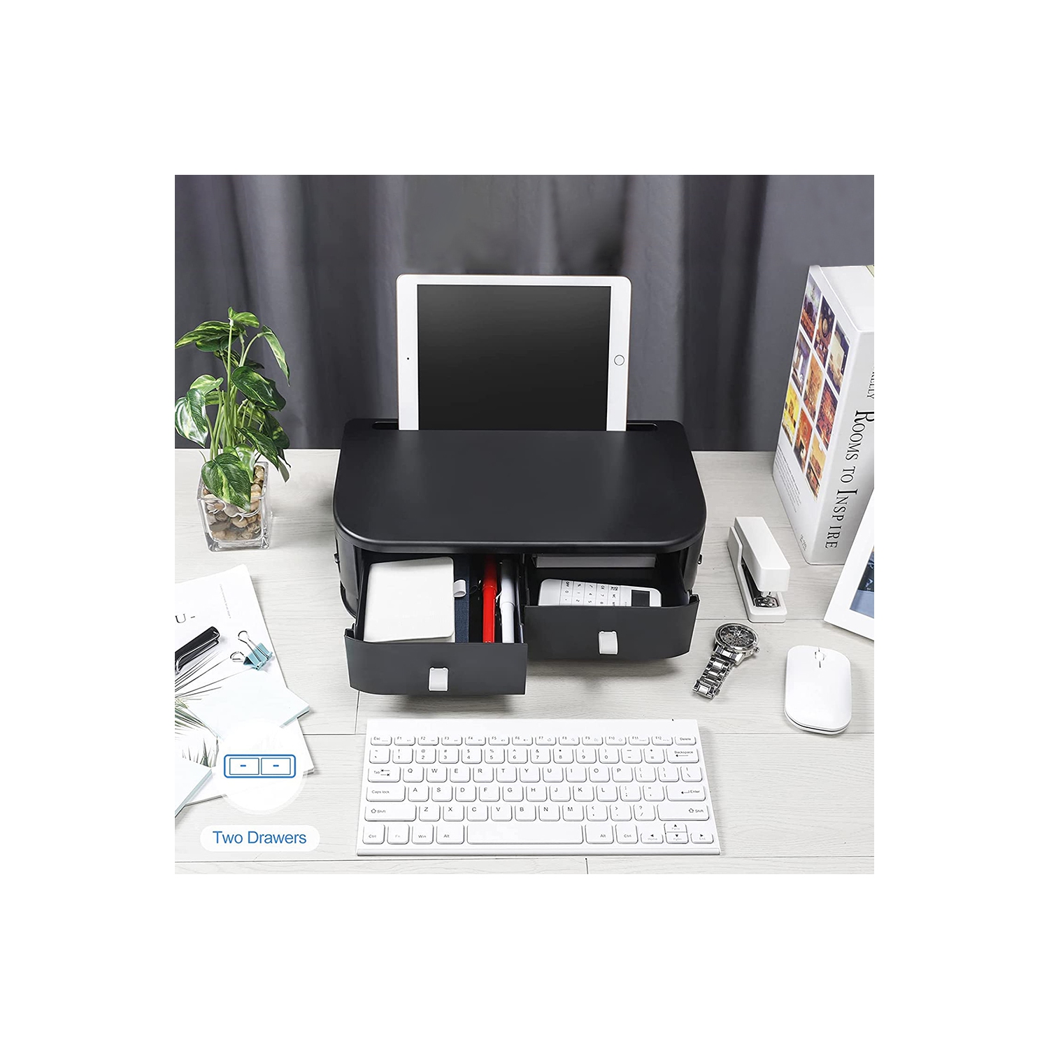 Height Adjustable Computer Monitor Stand Riser with 2 Plastic Storage Drawers,14.17 x8.66 x3.15 inches Phone Holder Laptop Stand for Desk